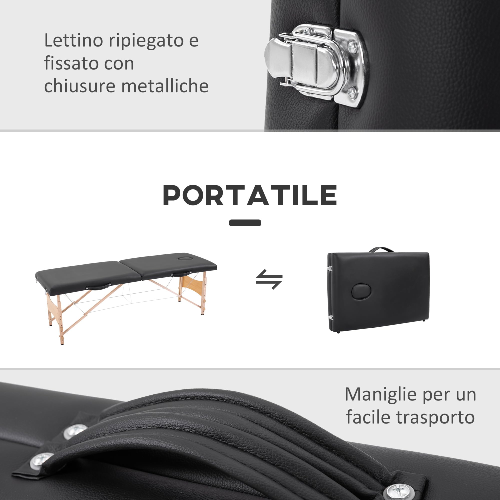 HOMCOM Lettino Massaggio Portatile ad Altezza Regolabile, Lettino da Massaggio con Borsa, Maniglia e Cuscino Rimovibile, 186x60x58-81 cm, Nero