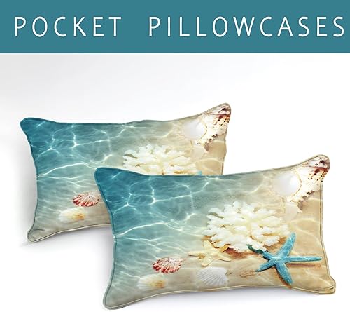 Miniatura 6 de Bedbay Juego de ropa de cama costera tamaño King, juego de edredón de playa azul océano, concha de mar, decoración temática de playa, juego de