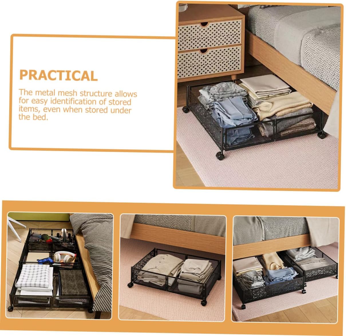 Zerodeko Bed Storage Organizer with Wheels Large Steel Underbed Storage Bin for Bedroom Clothes and Shoes Black