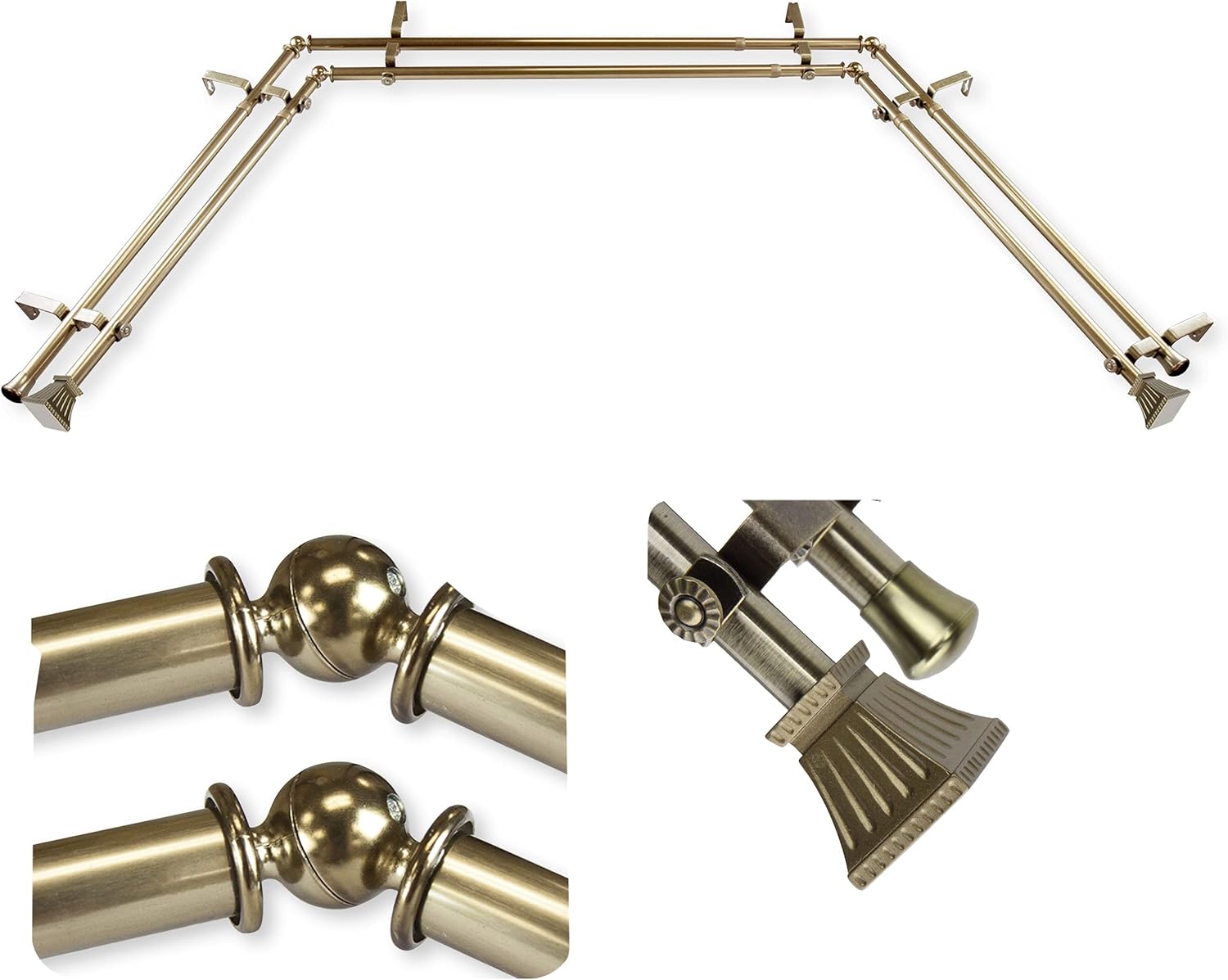 A&F Rod Décor - Fan Fare 13/16" Bay Window Double Curtain Rod 20"-36", 38"-72" - Antique Brass