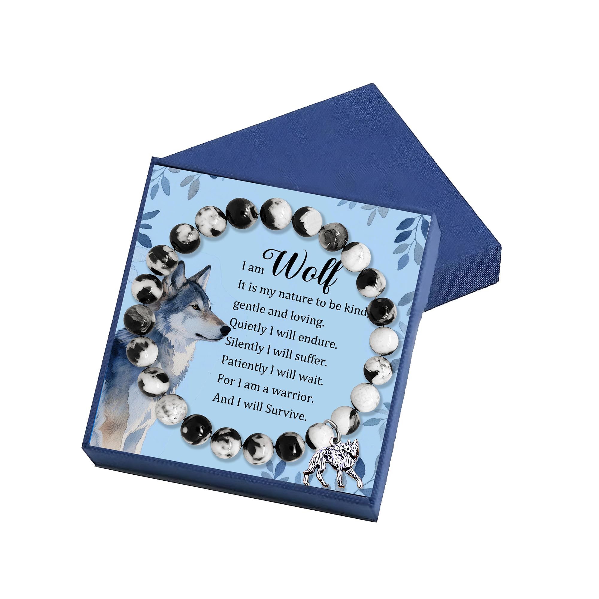 Wolf Bracelet with Black White Natural Fire Agate Beads, Wolf Charm & I am Wolf Card - Ideal Wolf Jewelry & Gift for Wolf Enthusiasts