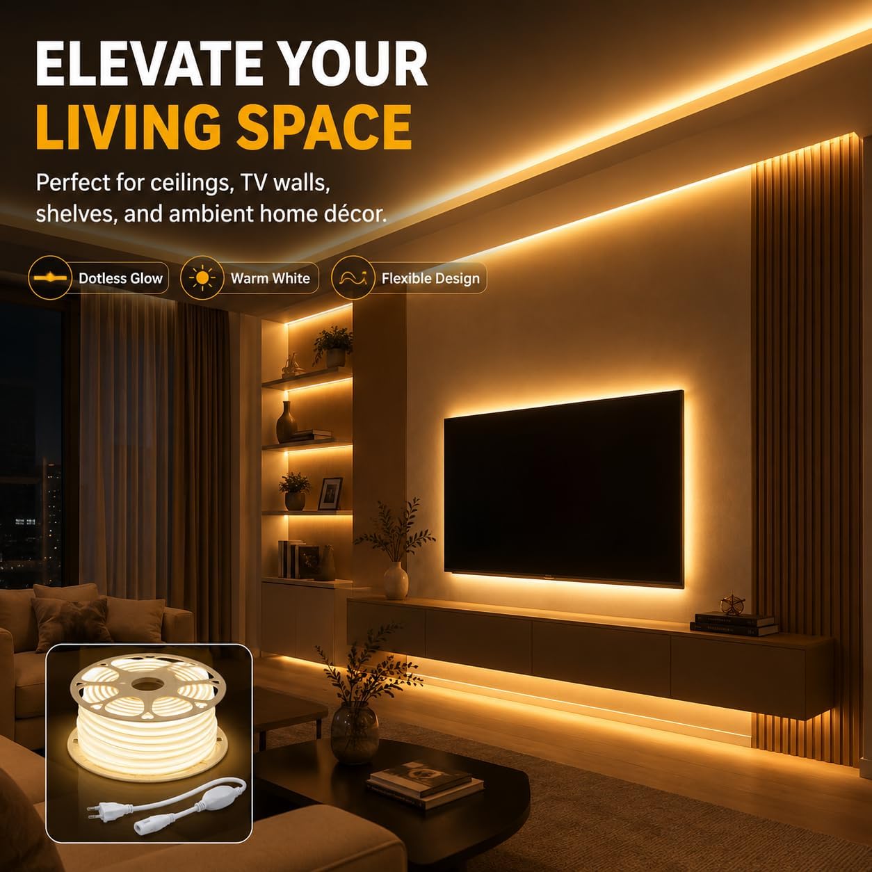 30M Warm White LED Neon Strip Light - Waterproof & Cuttable -2