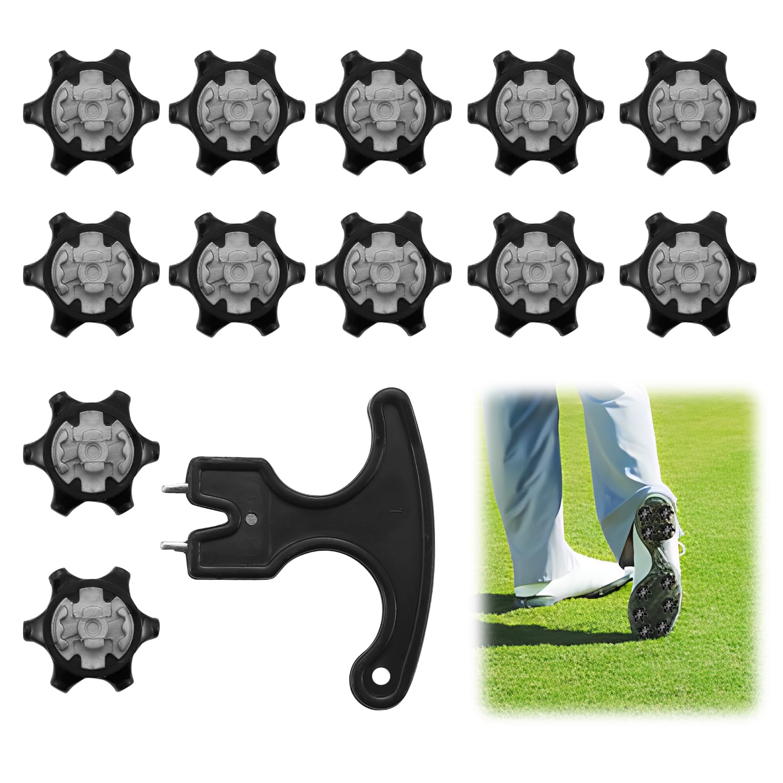 Golf Shoe Spikes 12 Pcs, Replacement Bulk Cleats with Nail Remover Anti-Slip Metal & Rubber Golf Studs Easy Install Traction Comfort Universal Fit Tooth Golf Spikes for Men and Women