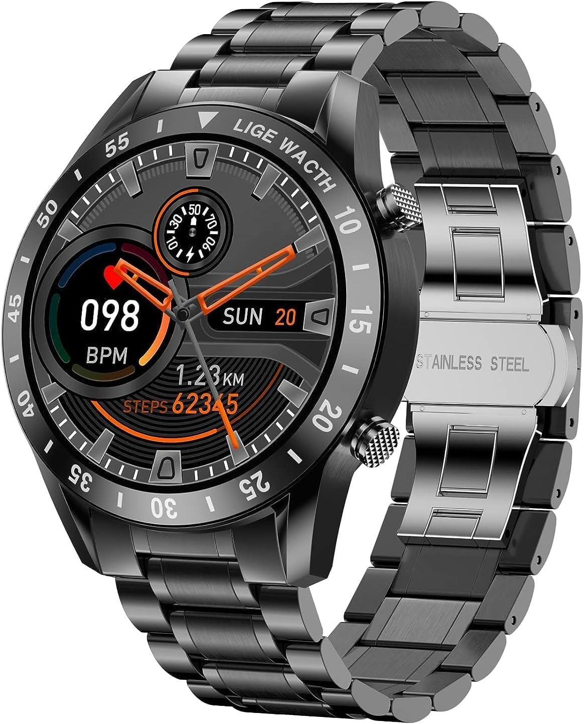 LIGE Smart Watch for Android iOS, Bluetooth Calls Voice Chat with Heart Rate/Sleep Monitor Fitness Tracker, 1.3" Full Touch Screen IP67 Waterproof Stainless Steel Activity Tracker for Men