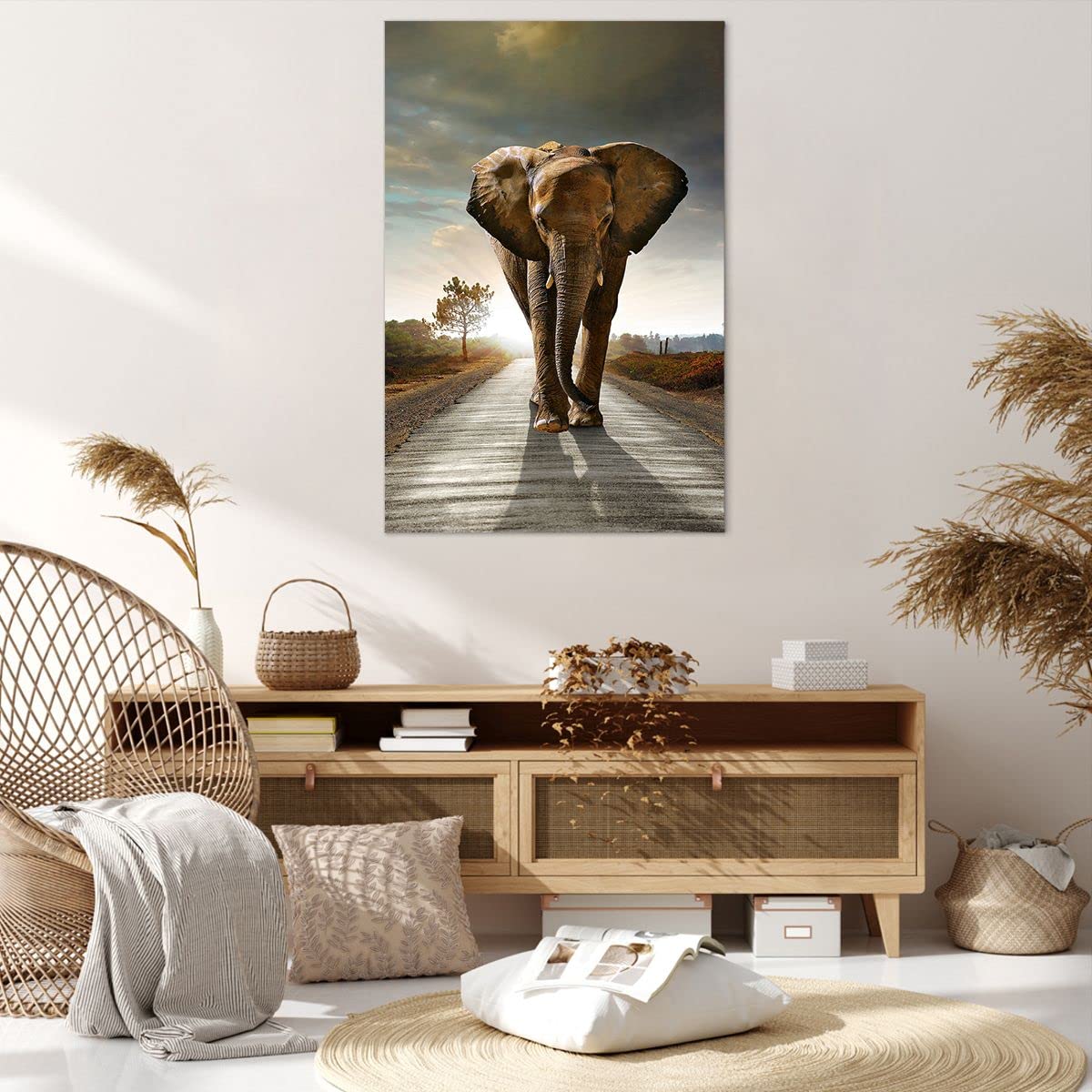 Moderne Impression Sur Verre Les éléphants Safari Jungle Buisson Image Tableau En Verre Decoration Murale 120x70cm Deco Salon Chambre Triptyque 4 Parties Grand Tableaux Decoratifs Art GDL120x70-3150