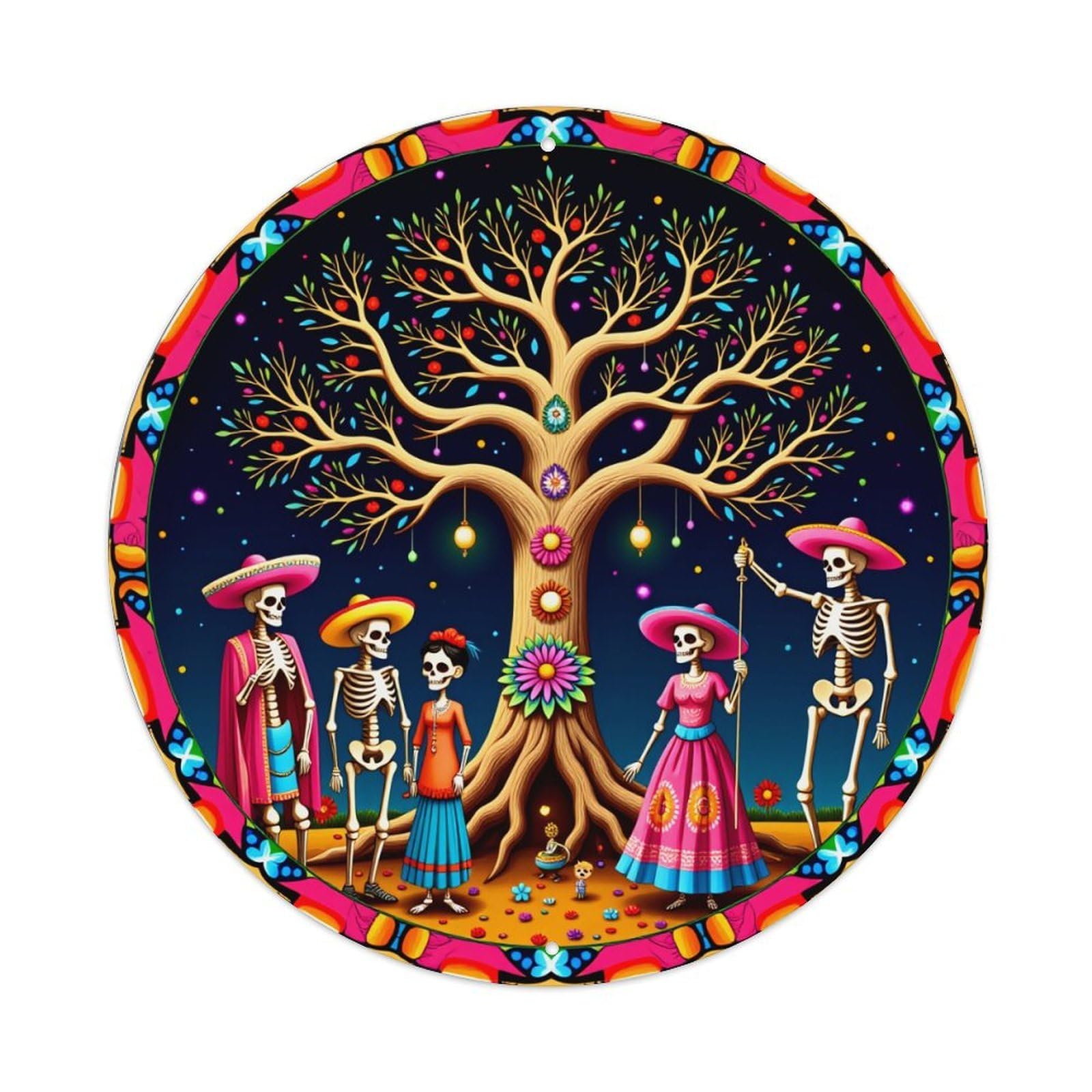 Day Of The Dead Tree Round Tin Sign Vintage Metal Poster, Home Bar Garage Man Cave Cafe Indoor & Outdoor Wall Decoration 8x8Inches
