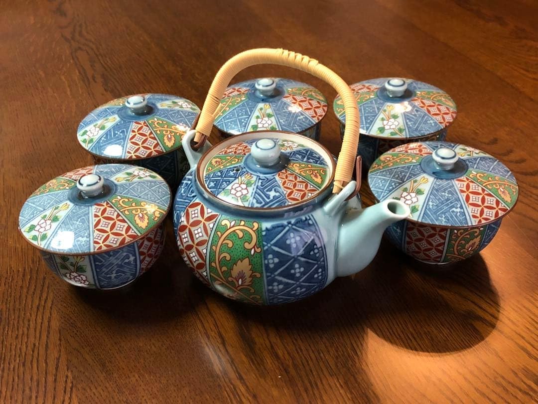 古伊万里染付　湯呑茶わん5個セット Amazon.co.jp: 有田焼 仁祥窯 茶器セット 急須 蓋付湯呑5客 献上古