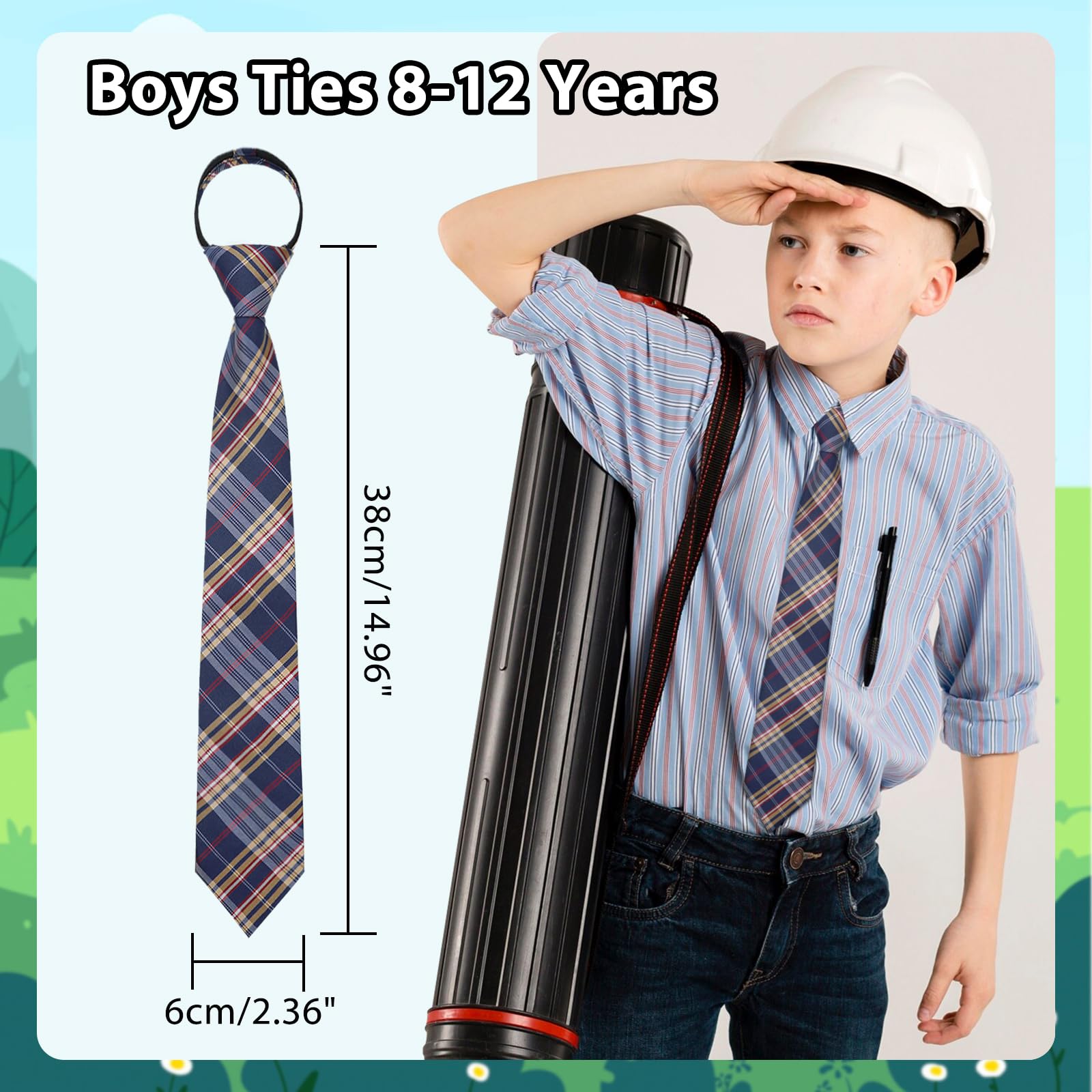 LJBFNN Jungen Krawatte, kariert, Reißverschluss für Jungen, Krawatten, 8–10, 10–12 Jahre, verstellbare Schul-Krawatte für Uniform, Hemden, Schulabschluss