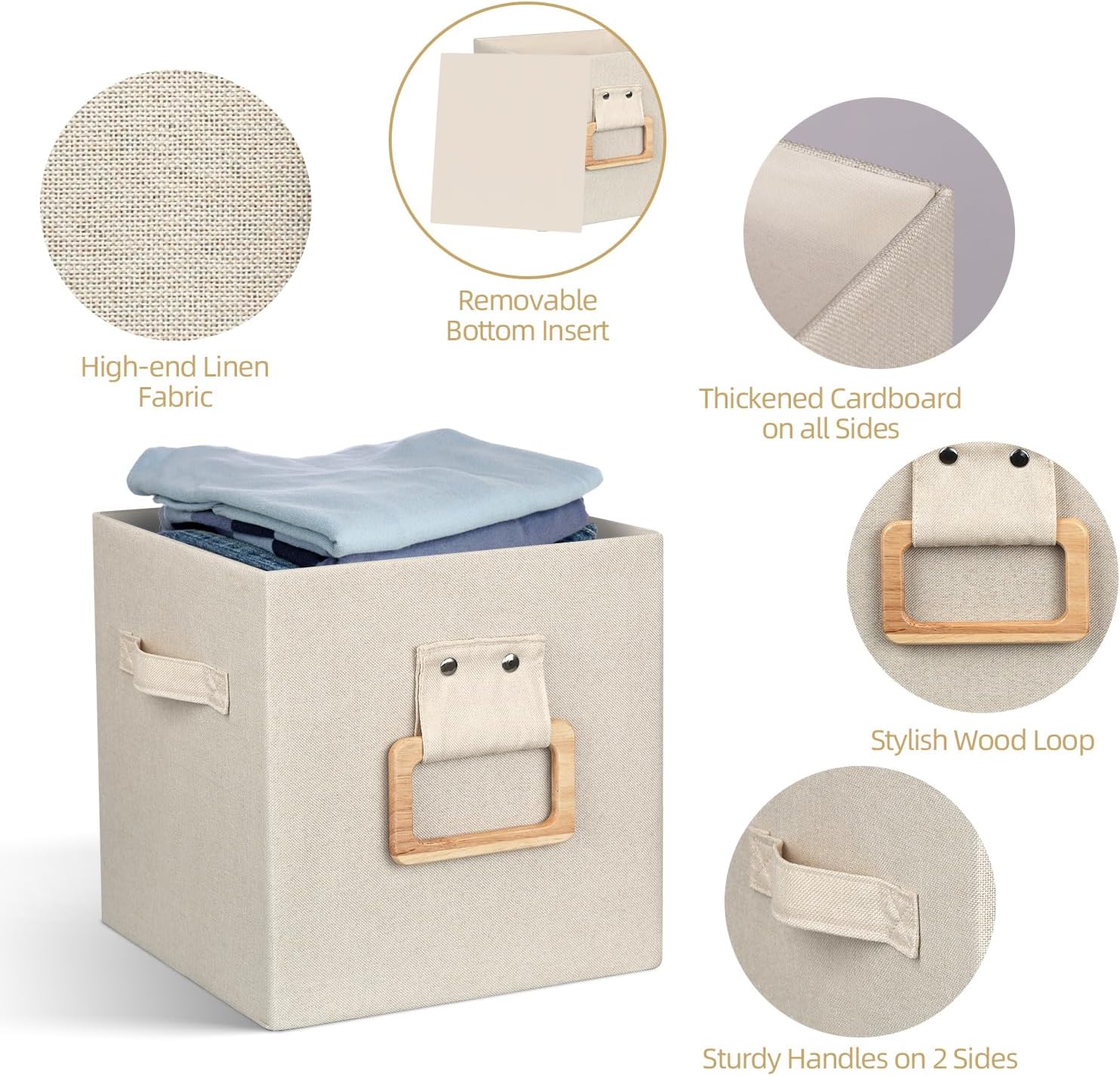 Collapsible Fabric Storage Cubes Organizer with Wood Handle, Cube Storage Bins Foldable Baskets for Organizing Home Office Closet Clothes Books, 13x13x13 Inch, 4 Pack, Beige