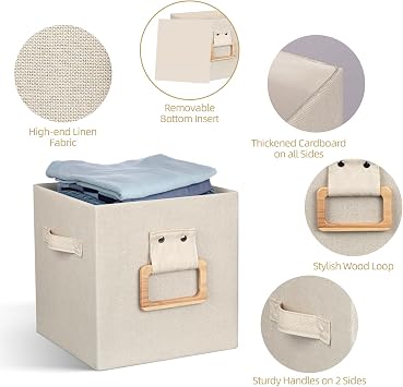 4 Pack 10.5 x 10.5 x 11 Inch Fabric Storage Cubes with Wood Handle