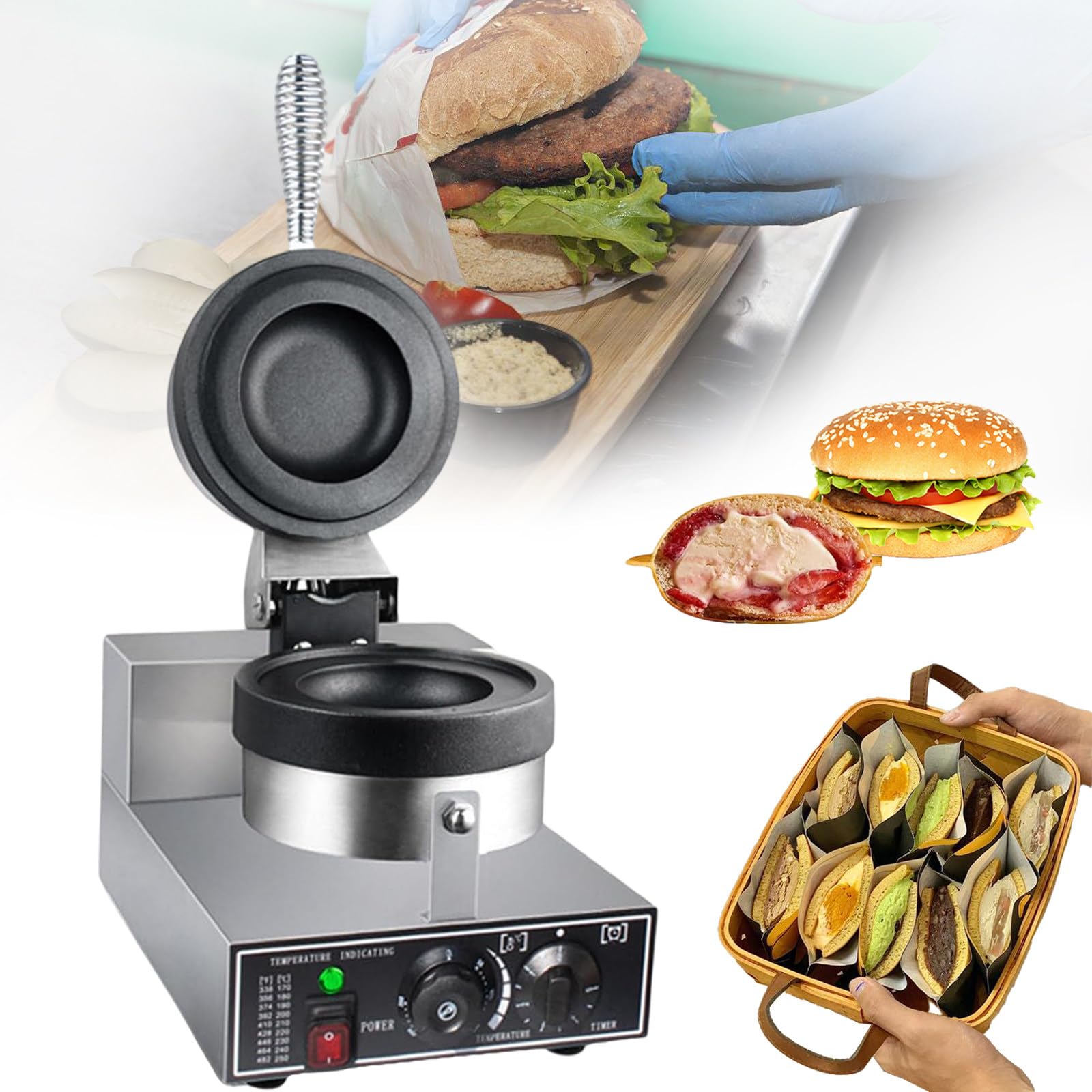 Fablestoryem 1200W Commercial Electric Burger Waffle Maker Machine,Ice Cream Burger Maker,Ice Cream Filling Waffle Maker,Ice Cream Waffle Baker Machine for Home Kitchen Use Breakfast,220V