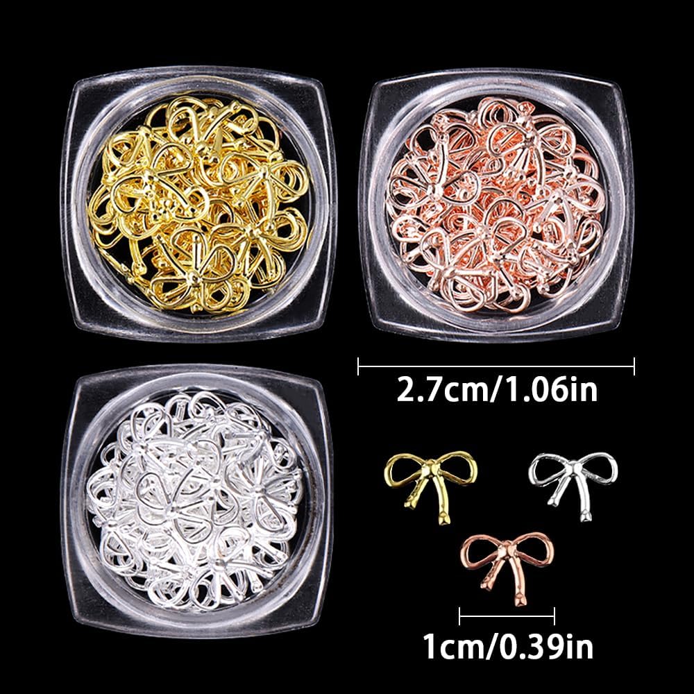 3 Bottle 3D Bow Nail Charms, 90pcs Golden Silver Rose Gold Nail Bow Charms for Nails Design, 1cm Mini Bows for Nails Art Metal Willow Bowknot Manicure Decor Jewelry Kawaii Bows Fingernail Accessories