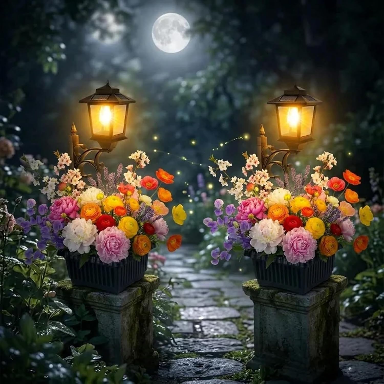 Solar Powered Planter, 2-in-1 Waterproof LED Light Flower Pot with Standing Post Lamp for Outdoor Garden, Large Artificial Plants Box and Decorative Lamp, Front Porch Patio Yard Outside