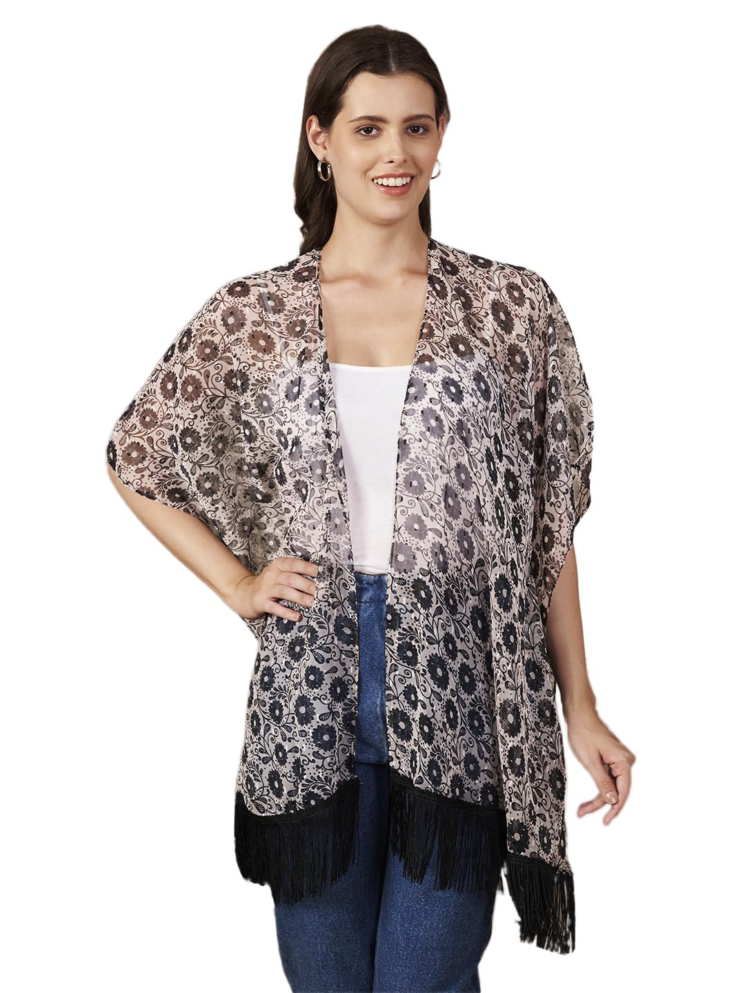 fbella Women’s Kimono Chiffon Shrug with Floral Print and Tassel Hem-picture-32