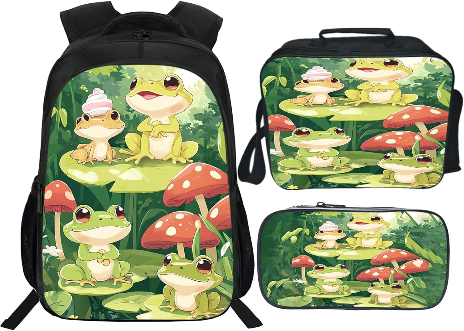 Cute Frog Backpack 3PCS 16" Preschool Elementary Schoolbag with Lunch Box Pencil Ca...