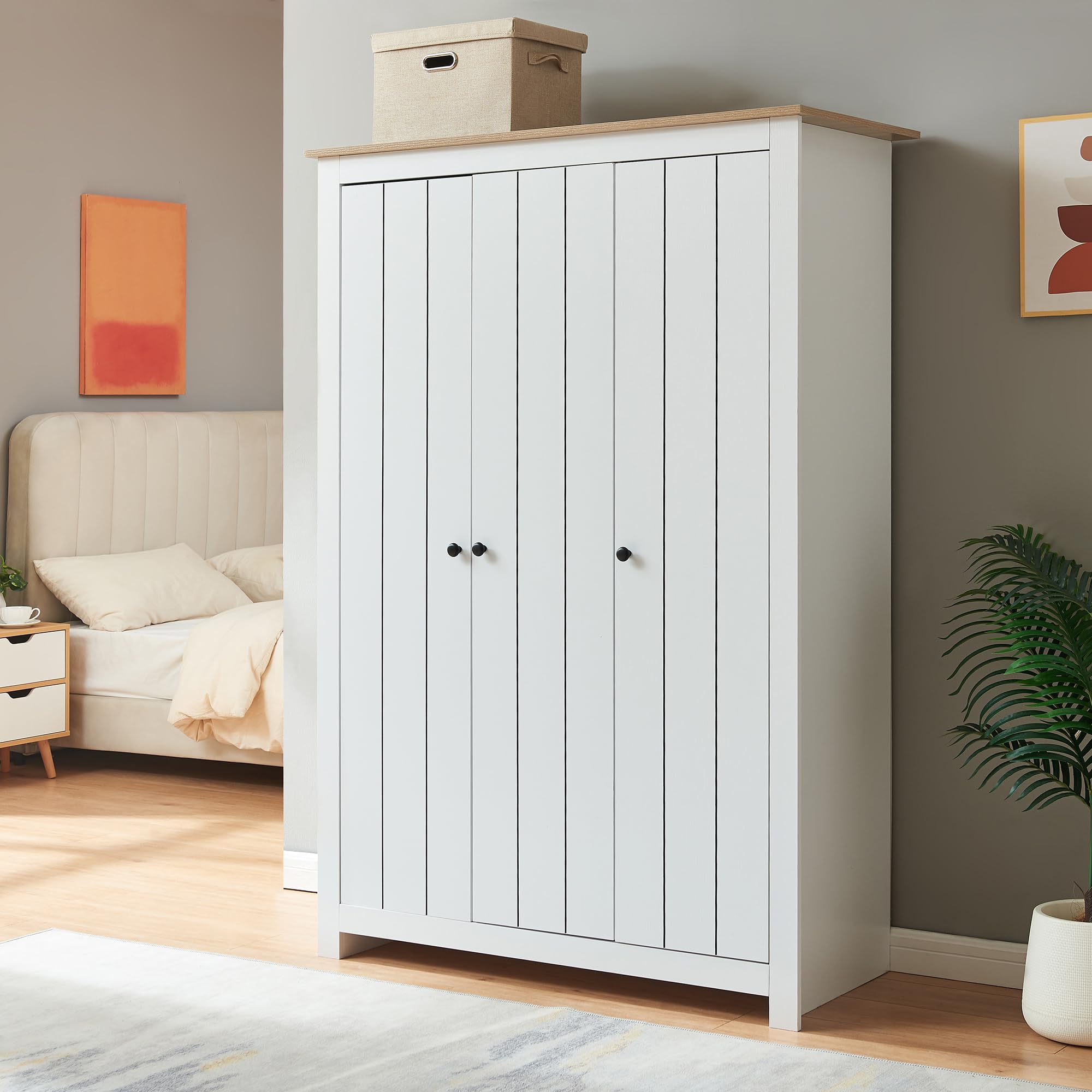 [en.casa] Armoire de Chambre avec 3 Portes et 3 Compartiments Meuble de Rangement 2 Tringles Pratiques pour Vêtements Chambre Panneau de Particules 175 x 120 x 52 cm Blanc Effet Chêne