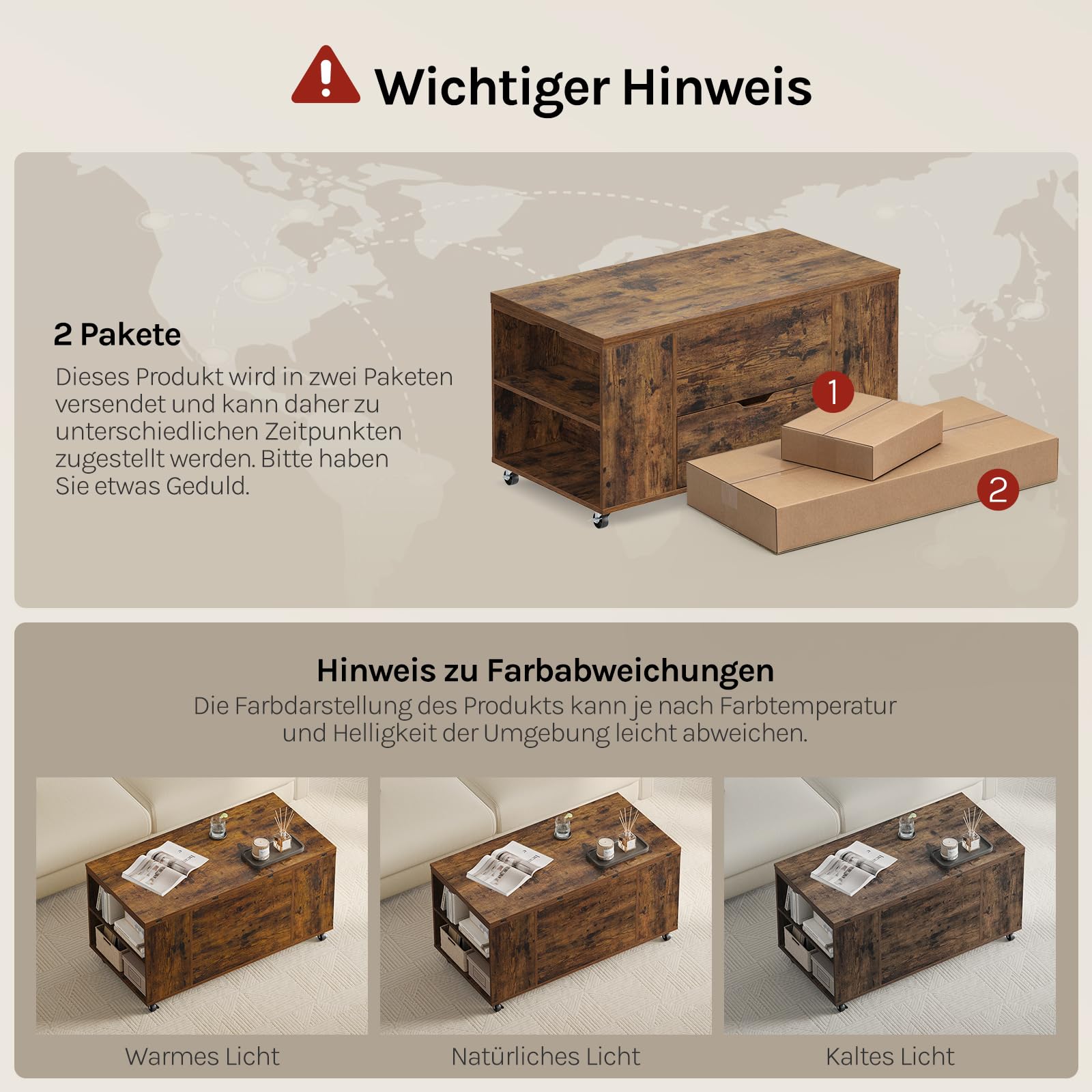 WOLTU Couchtisch höhenverstellbar, Wohnzimmertisch mit Rollen | Hebeplatte Schublade,verwandelt sich in einen Schreibtisch oder Esstisch,offener und versteckter Stauraum,Rustikales Braun