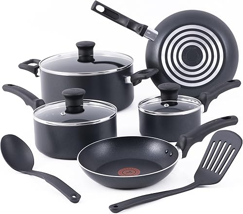 T-fal Essentials - Juego de ollas y sartenes antiadherentes de cocina, 10 piezas, color negro