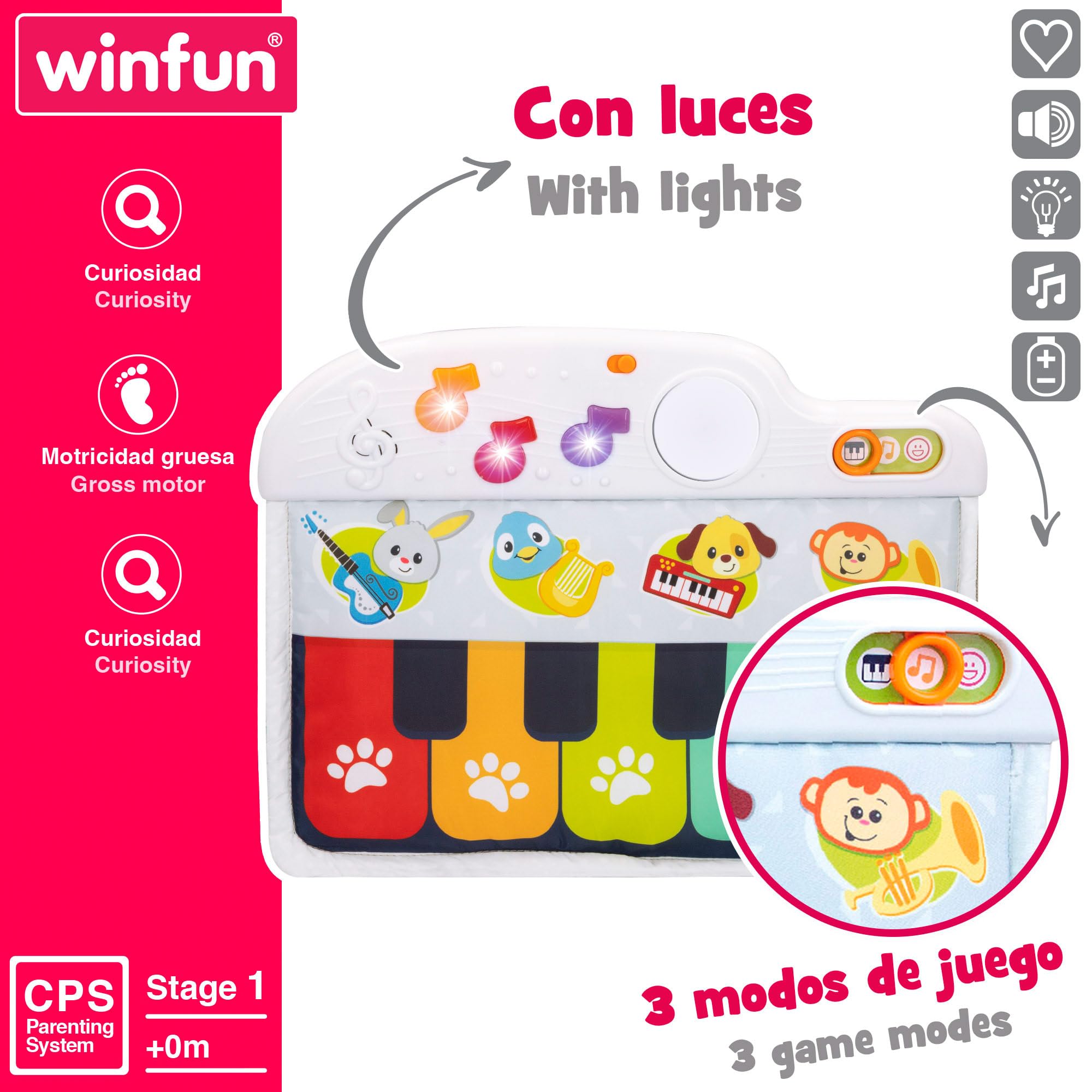Winfun 46878 - Piano para bebés con luz y melodías para la cuna / Mi primer piano, juguete para bebes a partir de 0+, se toca con pataditas / Regalo bebé, Instrumentos musicales bebe