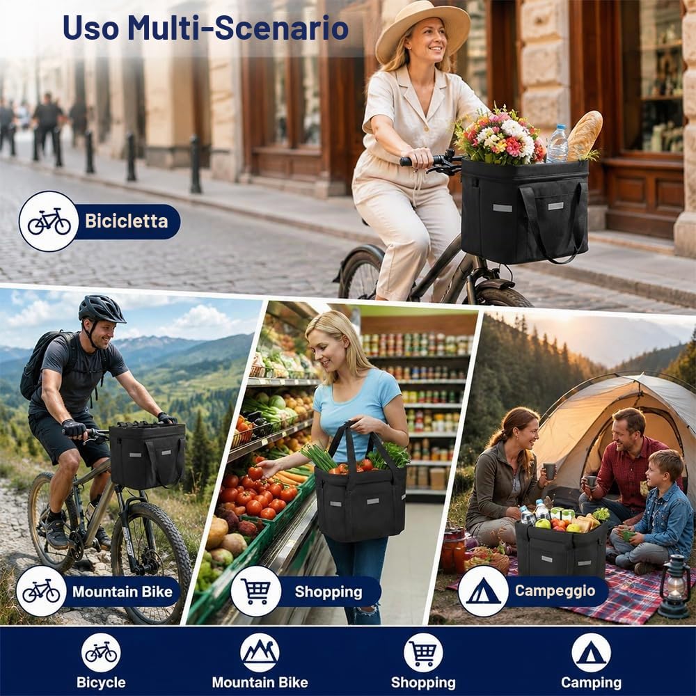 Cestino Bicicletta Anteriore, Pieghevole Rimovibile Cestino Bici, Tessuto Oxford 600D Telaio in Alluminio Cesto Bici Anteriore per Spese Campeggio Pendolarismo Cani Piccoli Pendolari, Nero