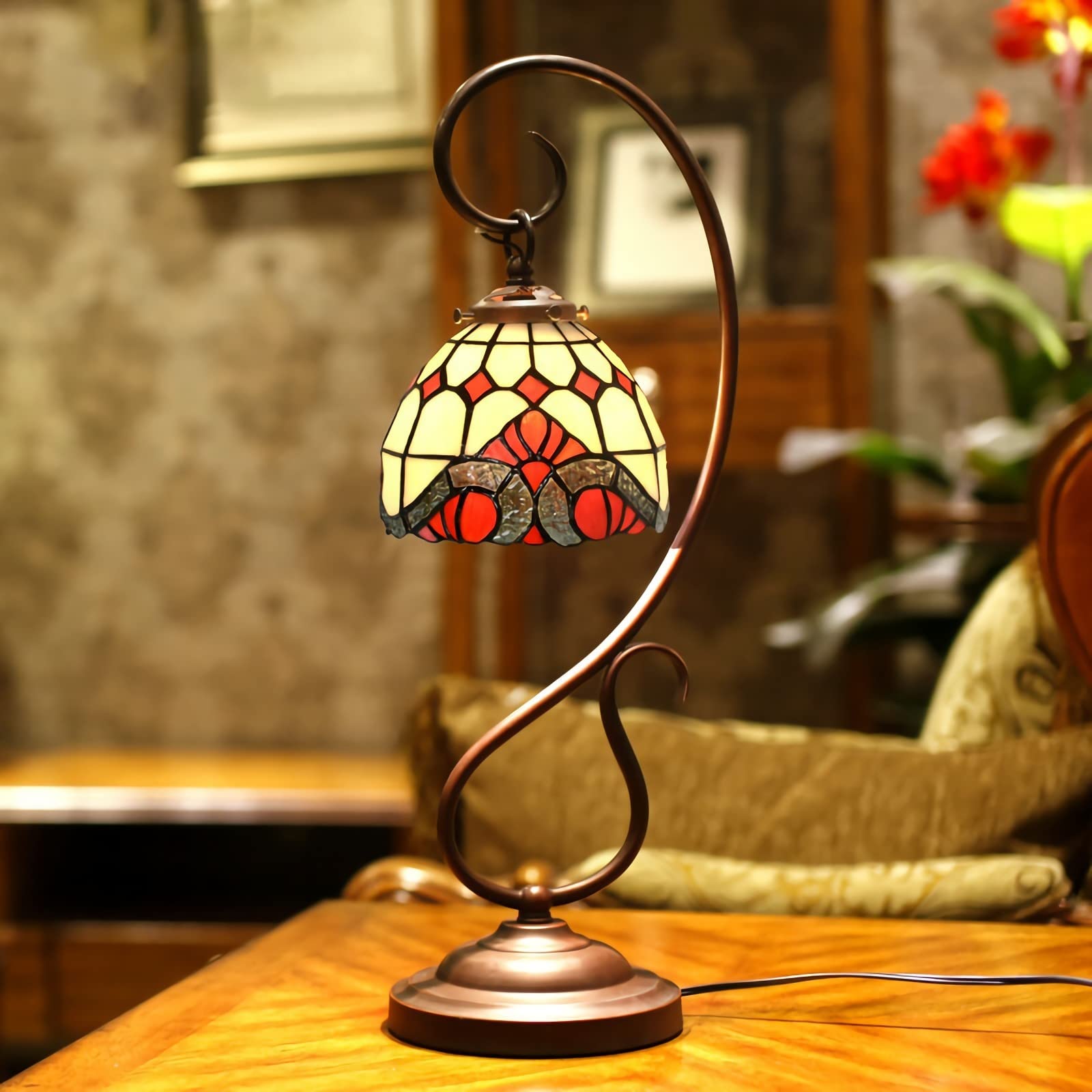 Lampa stołowa Barokowy witraż Lampka nocna Antyczna metalowa podstawa Decor Lampa na biurko do sypialni Salon Home Office, E26 (brak w zestawie)