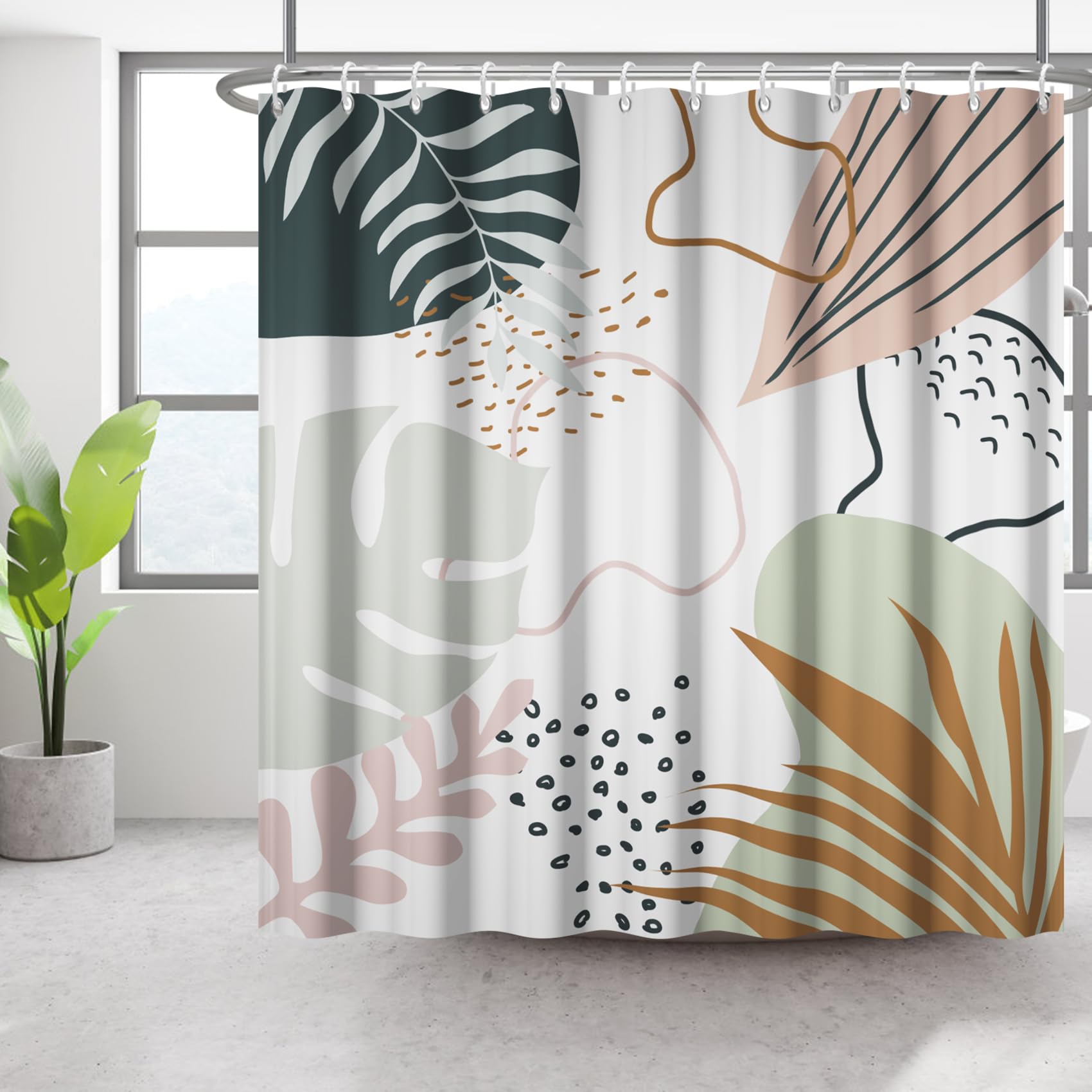 Pianta Astratta Tenda da Doccia 180x200cm Boho Foglie di Palma e Monstera Mid-Century e Stile Tropicale Impermeabile Lavabile in Poliestere Tende da Bagno con 12 Ganci per Vasca da Bagno