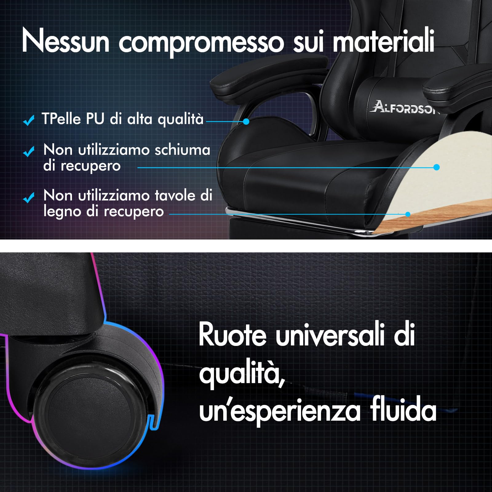 ALFORDSON Sedia da Gaming Massaggiante con Poggiapiedi Telescopico, Sedia Gamer con Cuscino Lombare & Poggiatesta, Ergonomico Sedie da Ufficio Schienale Regolabile 90-150°, Similpelle(Nera)