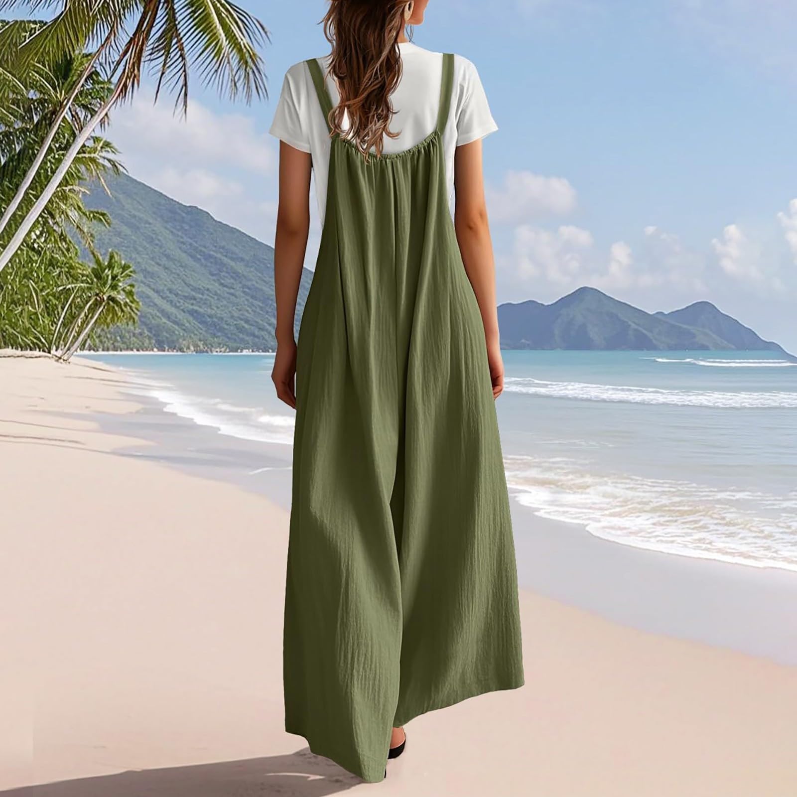 Peto largo de pierna ancha para mujer, mono de muselina de lino, ligero | Und,Luftig,Jumpsuit,Einfarbige,Boho,Trägeroverall,Flowy,Stoffhose,mit,Taschen,Romper,Für,Strand,Urlaub