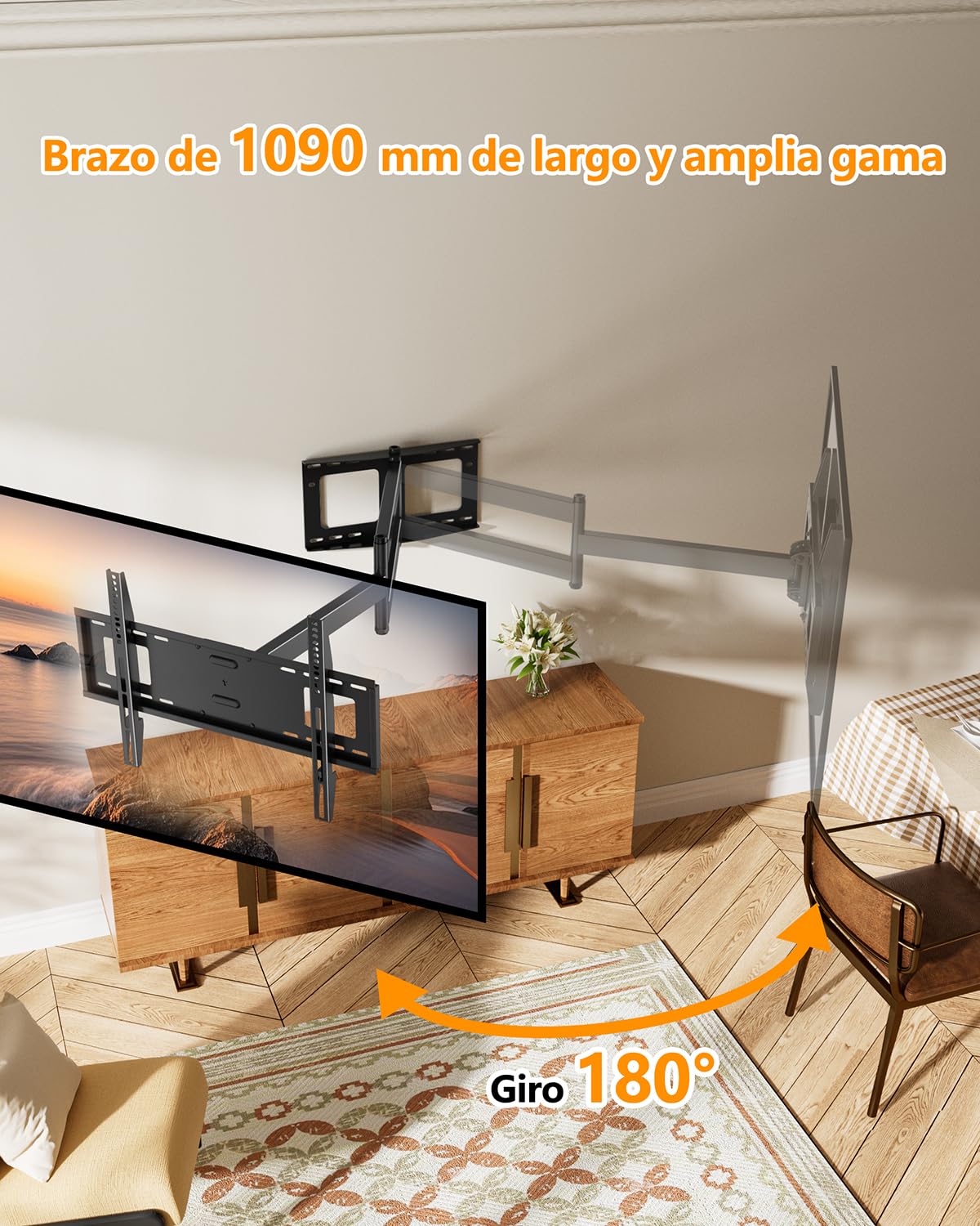 FORGING MOUNT Soporte TV Pared con Brazo Articulado Extralargo de 1090mm para Pantallas de 37-80" de Planos/Curvos, Soporte Pared TV con Giratorio e Inclinable, Máx VESA 600x400mm,hasta 50kg