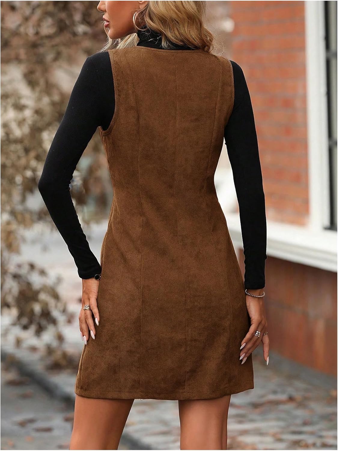 Floerns Women's Corduroy Overall Dress Sleeveless Zip Up Crewneck Fall Outfit Pinafore Dresses - Image 3