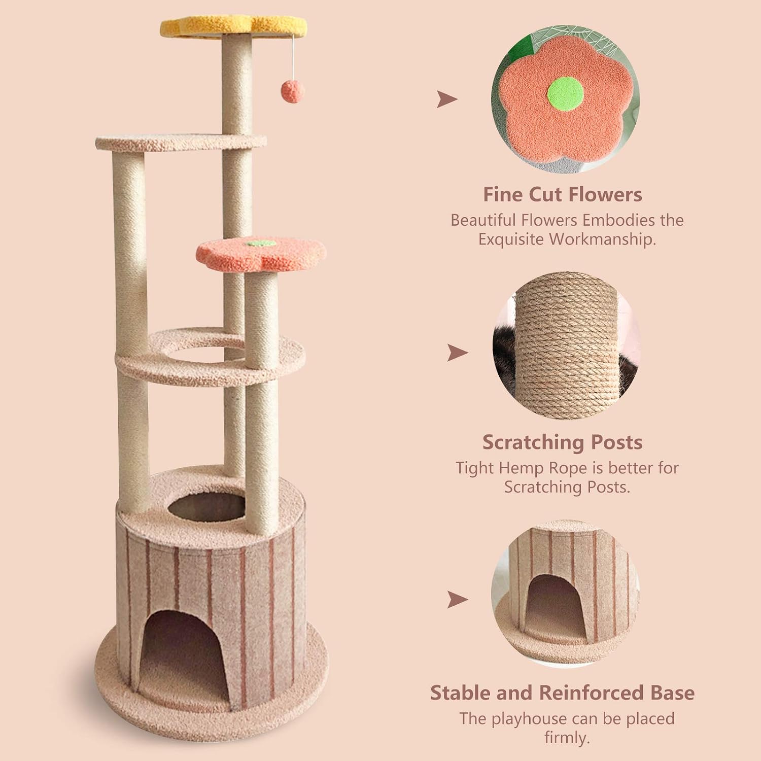 review 51in Cat Tree Multi-Level Cat Tower Cat Condo Cat Activity Tree with Sisal Scratching Post Cat Climbing Flower Tower House for Cats Kittens Pets 6 Layers(Light Brown&Red&Yellow)