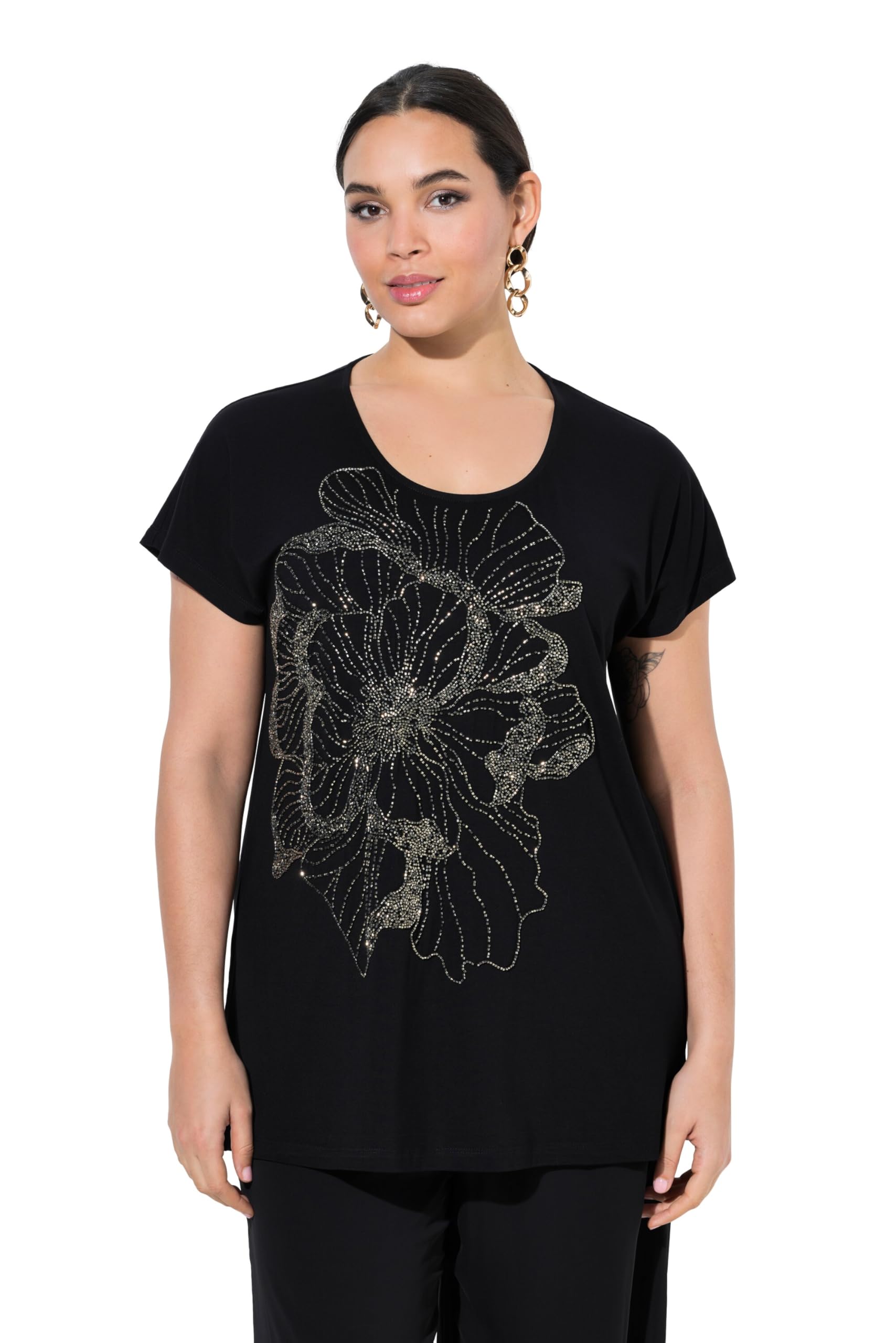 Ulla Popken Damen große Größen Übergrößen Plus Size T-Shirt, Glitzersteinchen-Blüte, Rundhals, Halbarm 849379