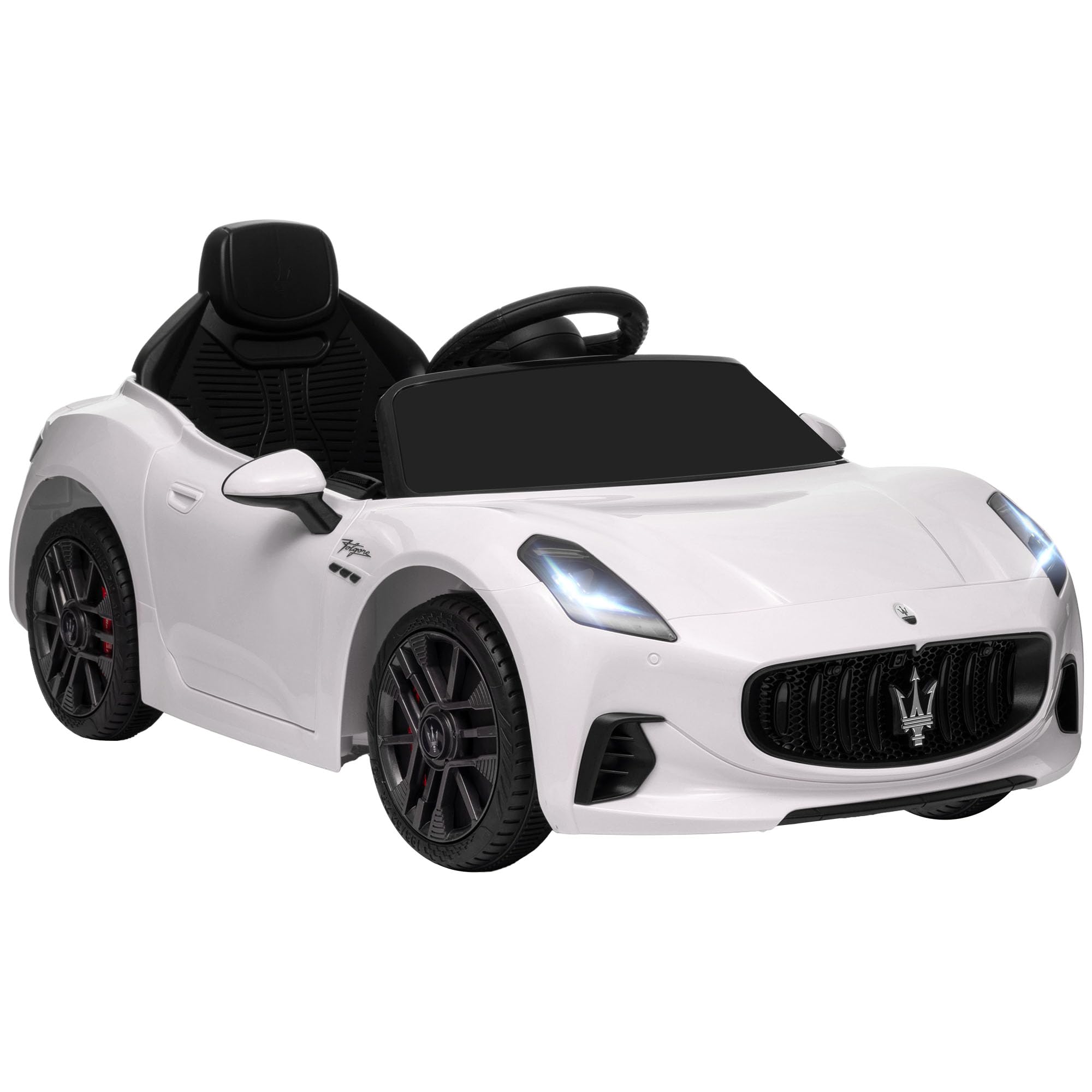 AIYAPLAY Coche Eléctrico para Niños de +3 Años Maserati Gran Turismo Folgore Coche Eléctrico con Batería 12V Mando a Distancia Faros Bocina y Música MP3 Blanco
