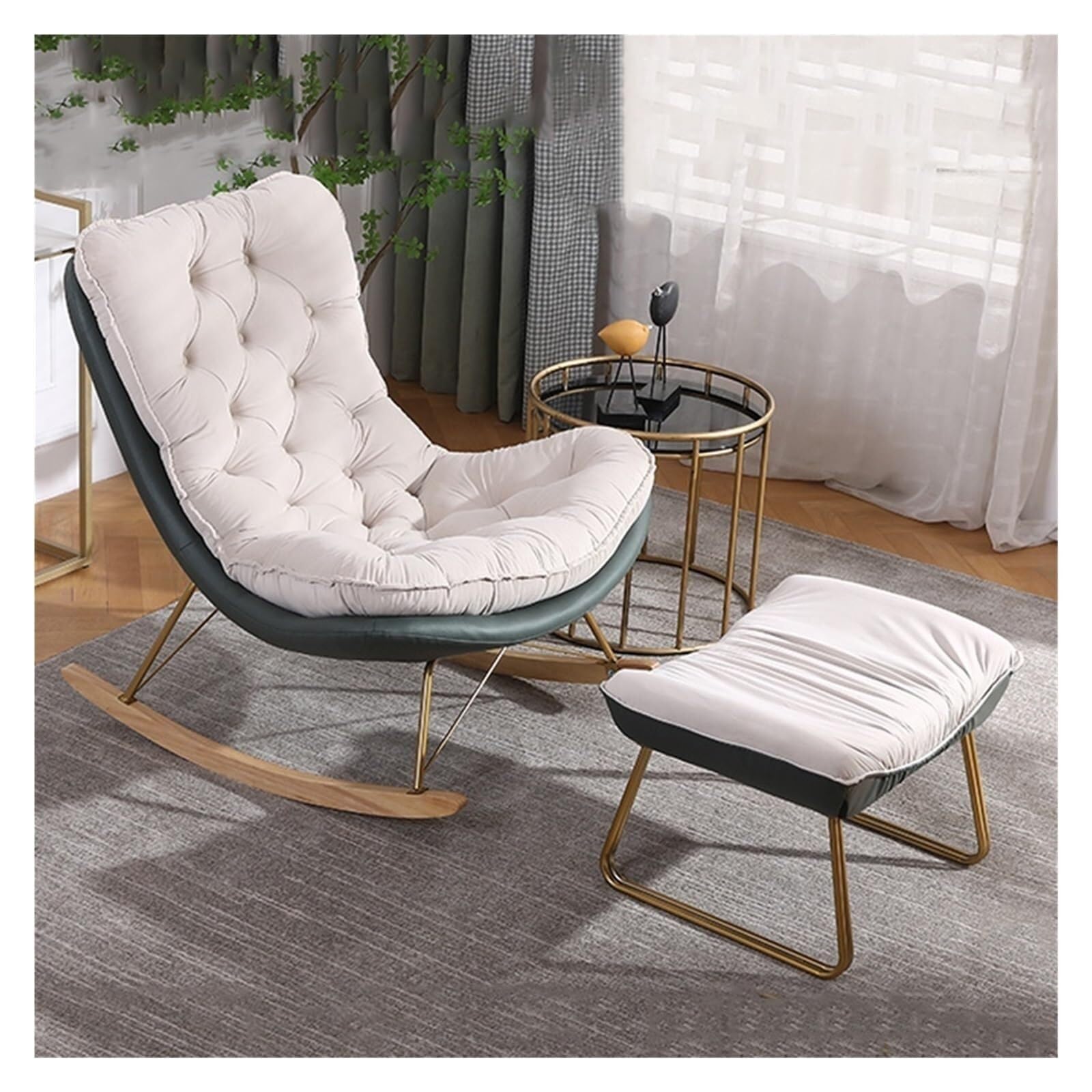 Fauteuil à Bascule Avec Repose-Pieds - Rembourré, 2 Poches, Coton/Lin - Gris