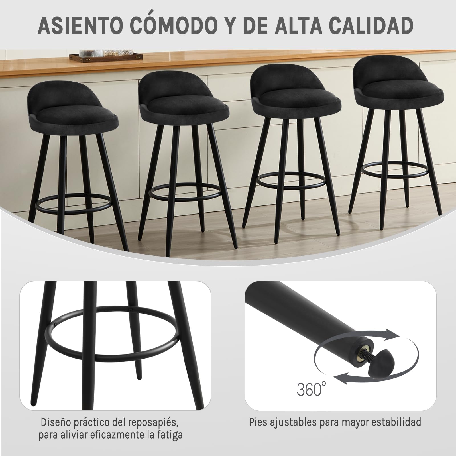 WOLTU Taburetes de Bar Juego de 2, Taburetes de Cocina con Reposapiés, Asiento de Terciopelo, Estructura de Metal, Negro