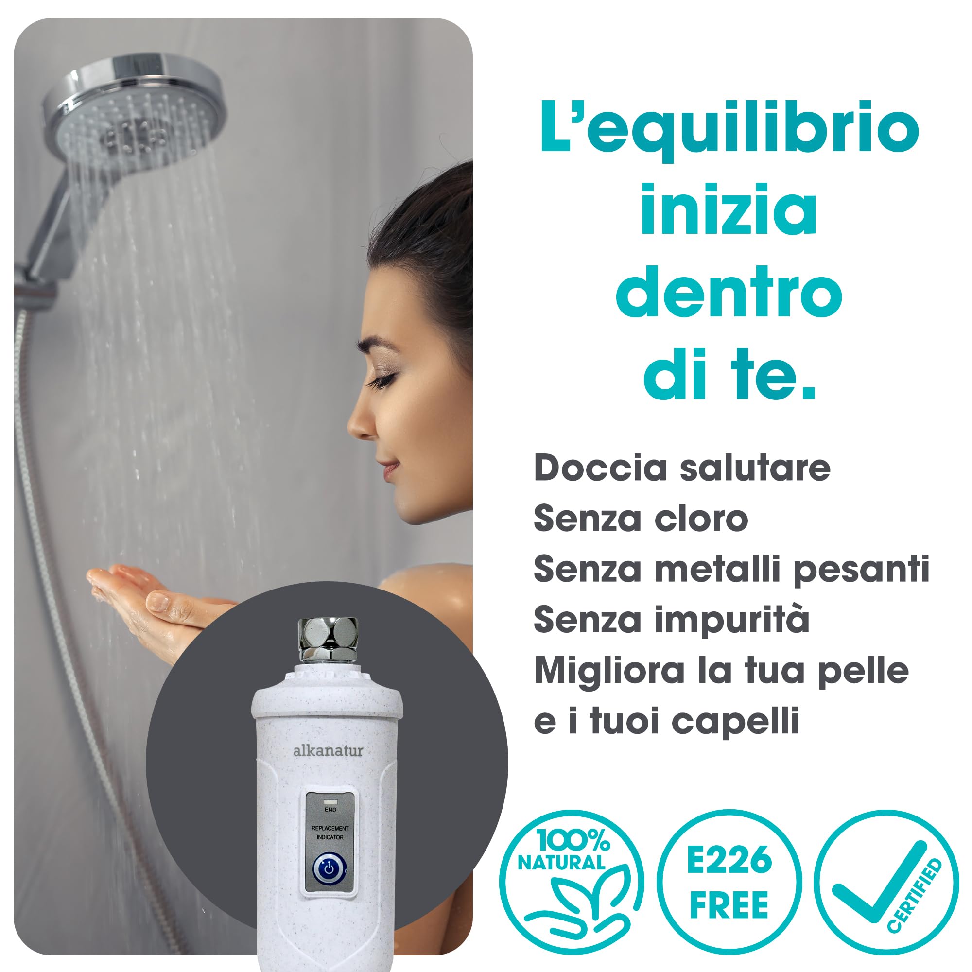 ALKANATUR Filtro doccia 30.000 L | Filtro doccia ecologico privo di solfito di calcio E226 | Elimina cloro e metalli pesanti | Filtro doccia per capelli | Facile installazione | Protegge la tua pelle