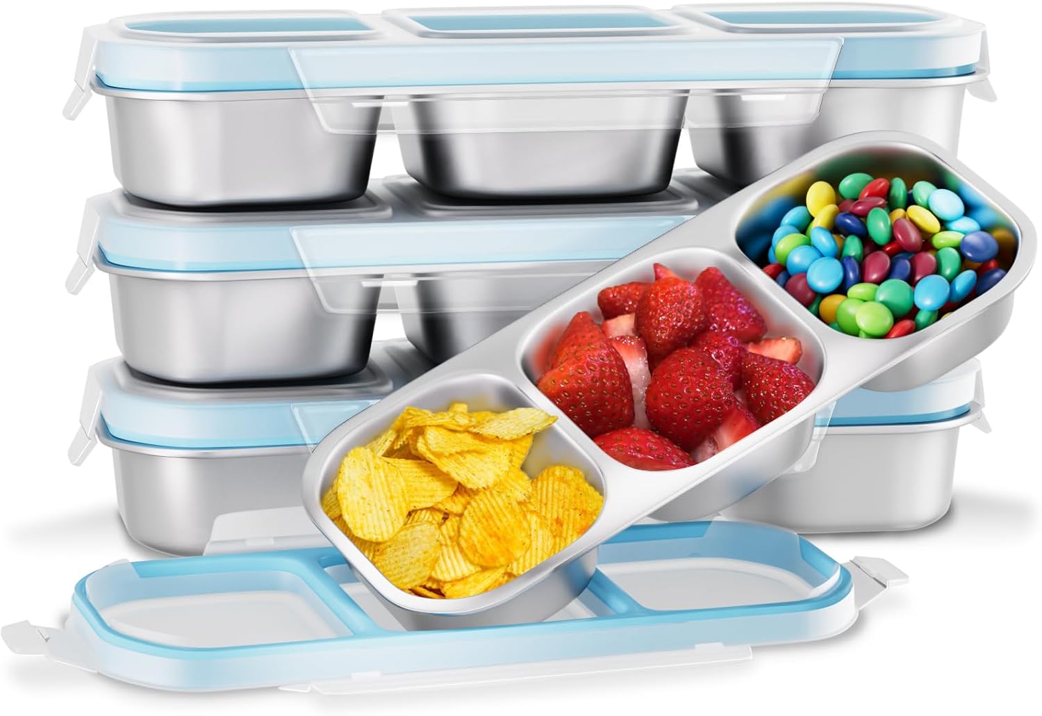 Stainless Steel Snack Containers for Adults Kids with Lid, 4 Pack 3 Compartment Food Storage Container, Reusable, Leak Proof, Grab and Go, Blue