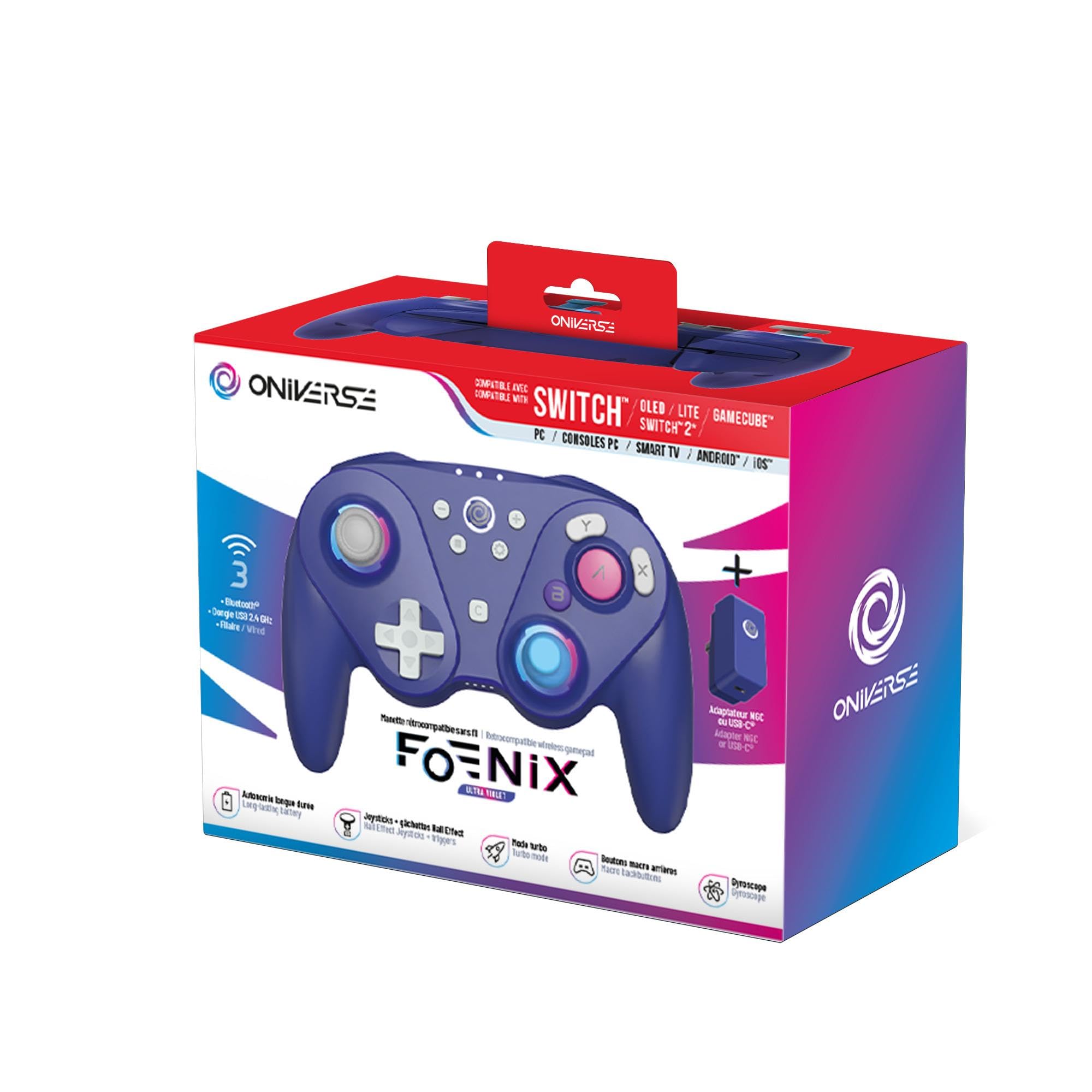 Oniverse Kabelloser Controller für Switch/Switch 2/Gamecube/PC/Mobil, 13 Stunden Akkulaufzeit, Hall-Effekt-Joysticks und Trigger, Gyroskop, Makrotasten, Turbo-Modus, 4 LED-Modi – Foenix (Violett)