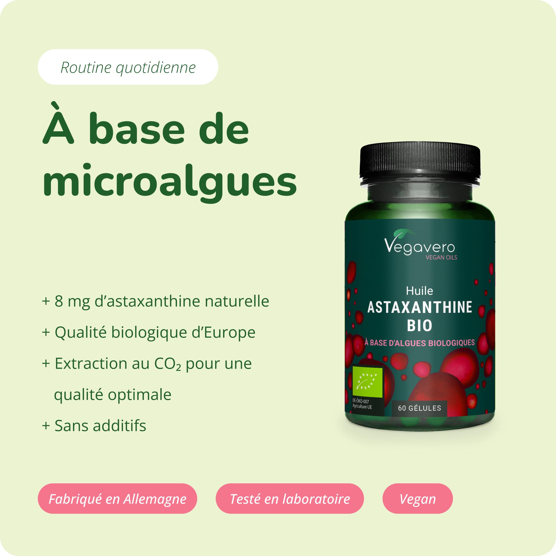 Astaxanthine BIO | Issue de 160 mg d'Haematococcus Biologiques | Antioxydant 100% Naturel | Biodisponibilité Elevée | Vegan & Sans Additifs | Vegavero®