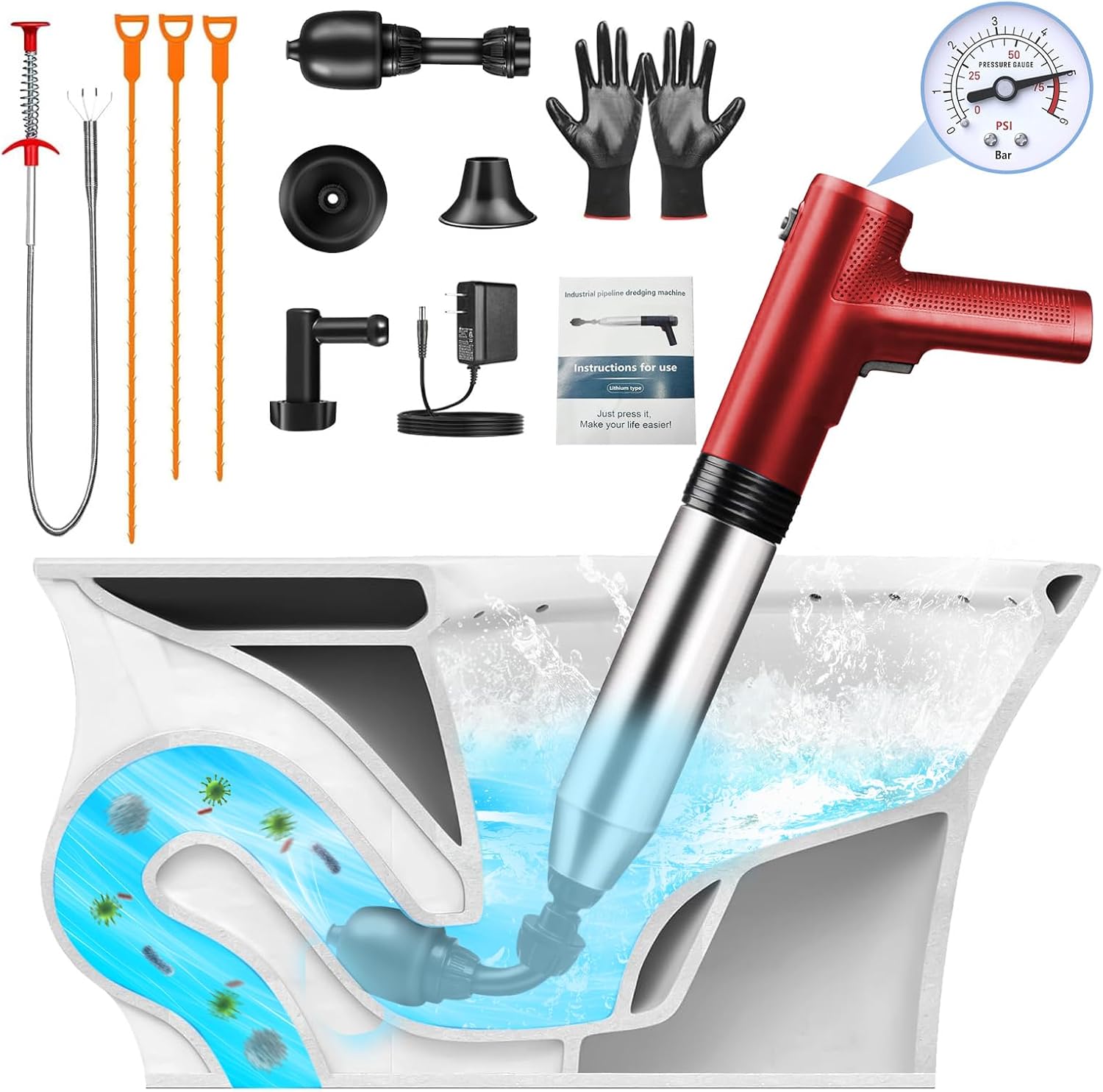 Electric Toilet Plunger with Real-time Barometer, Unclog in 1 Shot, High Pressure Toilet Plunger Drain Clog Remover Perfect for Bathroom, Floor, Shower, Kitchen Clogged (Red-Electric)