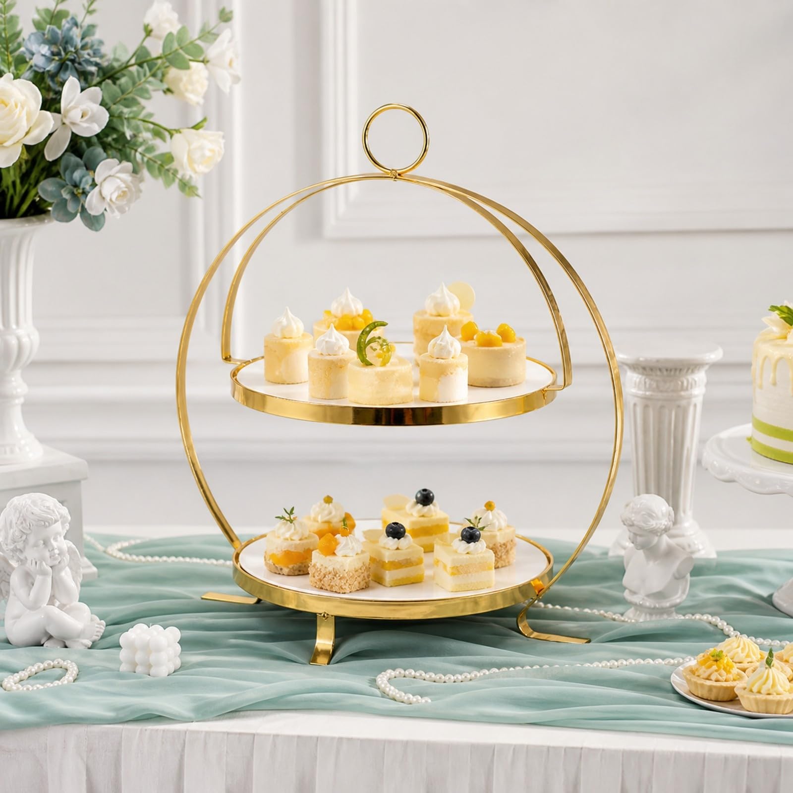 MagiDeal Alzatina a più Piani con Piatti in Ceramica Finitura Espositore Torta in Metallo Elegante Dolci per Tè Pomeridiano, Catering, Ricevimenti, Montatura Rotonda 3-Livelli