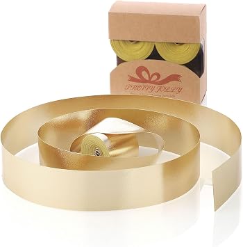 Pretty Jolly Gold Metal Glossy Ribbon for Gift Wrapping Handmade Bright Fabric Glitter Ribbon for Flower Bouquet Double Sided Sparkly Ribbons for DIY Crafts Wedding Invitations 1 1/2 Inch 20Yds