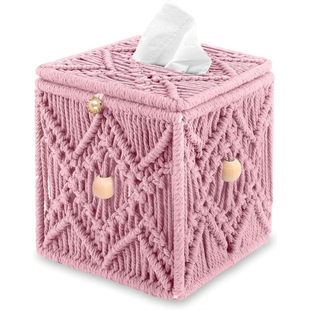 UDSKNV[KSL Woven Cotton Rope Tissue Box Cover Handmade Macrame Boho Square Tissue Holder Napkin Paper Organizer