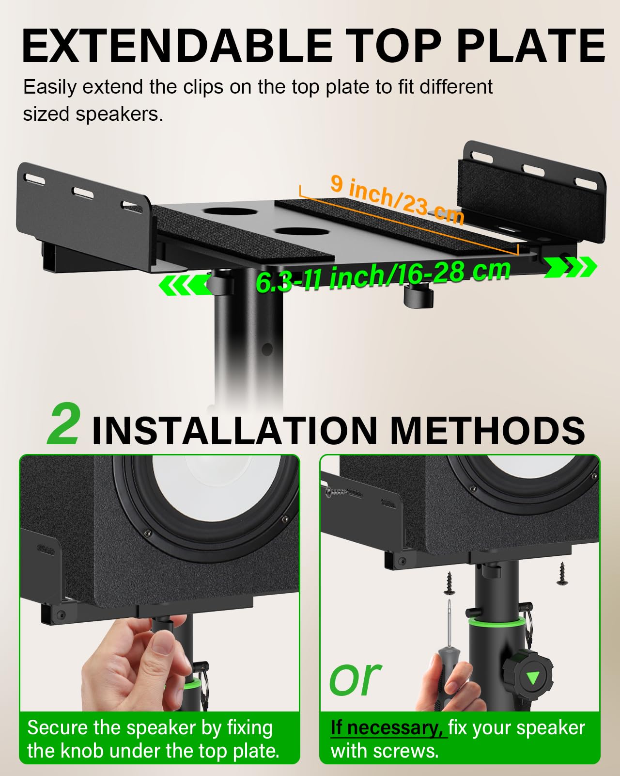 Vondynote 2 Stück Dual Side Klemm-Studio Monitor Ständer Desktop Klemme Lautsprecher Ständer Höhenverstellbar gegen die Wand Ausziehbare obere Platte Montage durch Schrauben