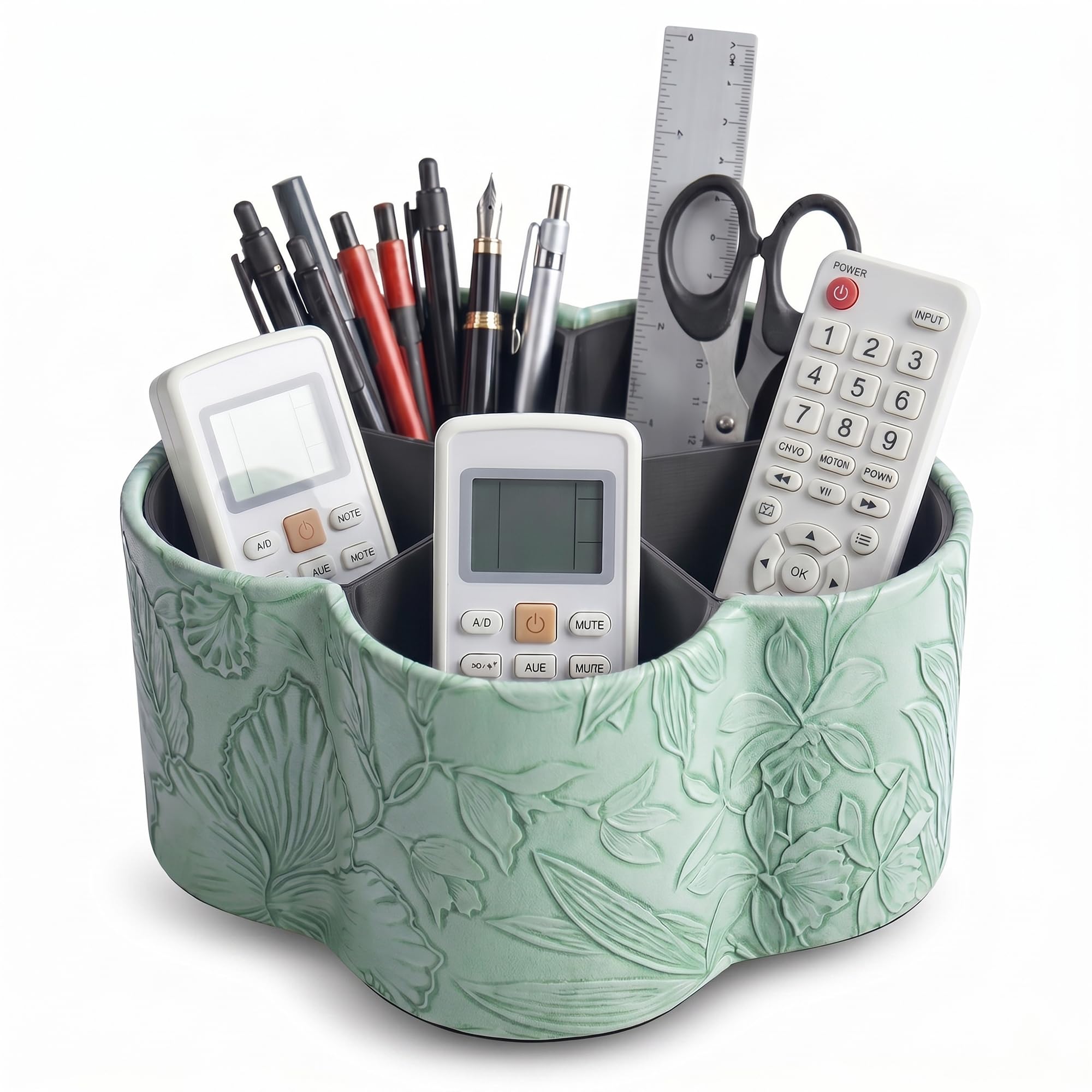 Czzmy Flower Shaped Leather Art Supply Organizer,Remote Control Holder,360 Degree Spinning,Multi-Functional Pencil Holder,5 Compartments Desktop Stationary Organizer(1-Flower Green)