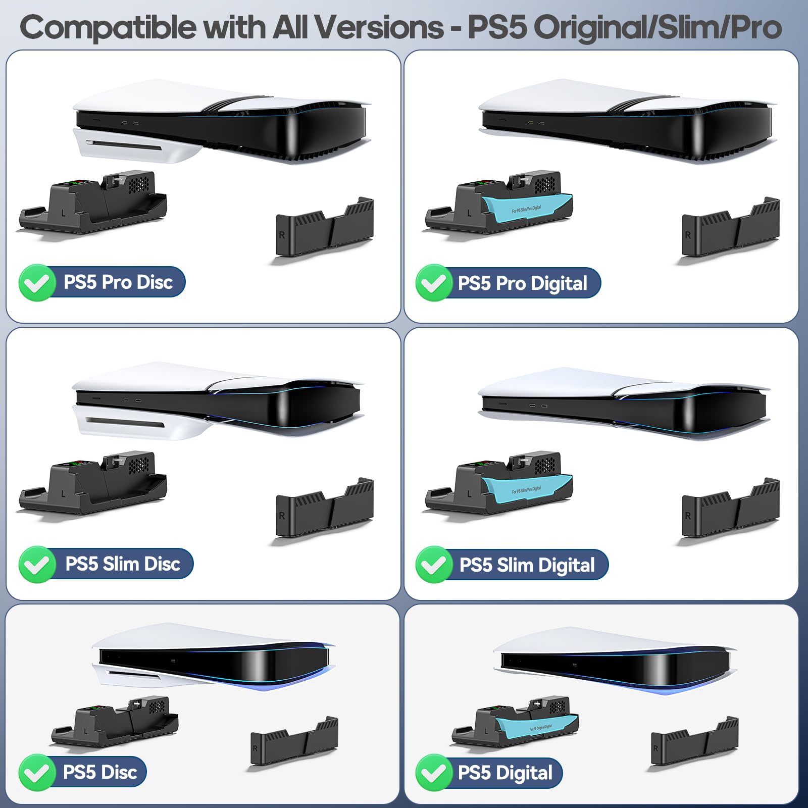 Soporte Horizontal para PS5/Slim/Pro, con Ventilador para PS5 & Cargador para PS5 Mando Original y Edge, Ampliable Base Refrigeradora Horizontal para PS 5, Apto para Todas P5 Disc & Digital, Negro