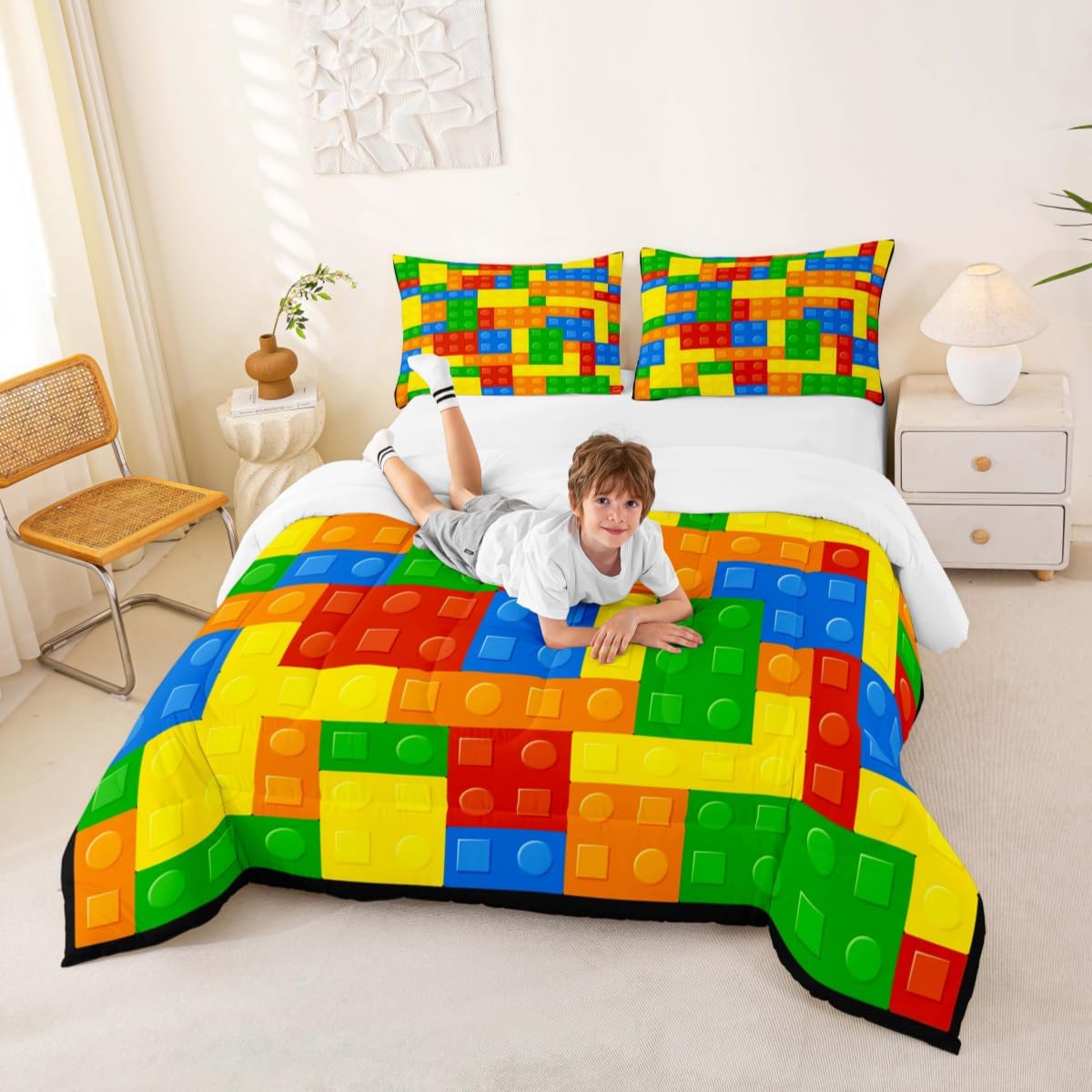 Castle Fairy Kids Games Comforter Set Queen Size Construction Bedding Sets 3Pcs for Child Boys Girls Room Decor, Color Building Blocks Gaming Quilt Set with 2 Pillowcases Soft Microfiber