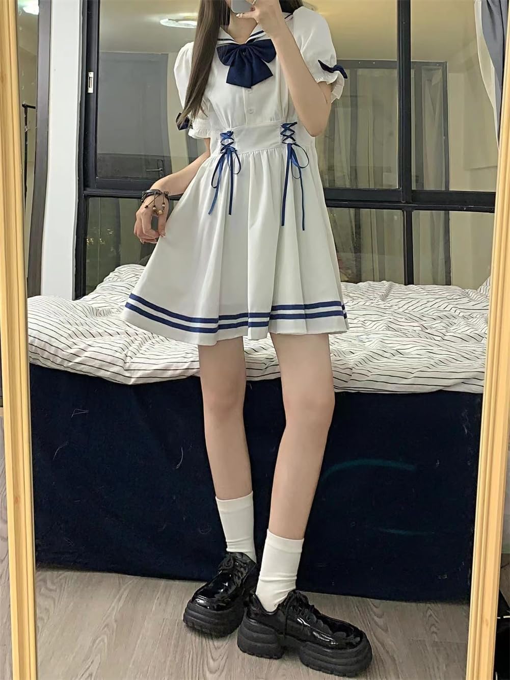 Amazon.co.jp: [YONGO] セーラー風 ワンピース 半袖 ショート丈  