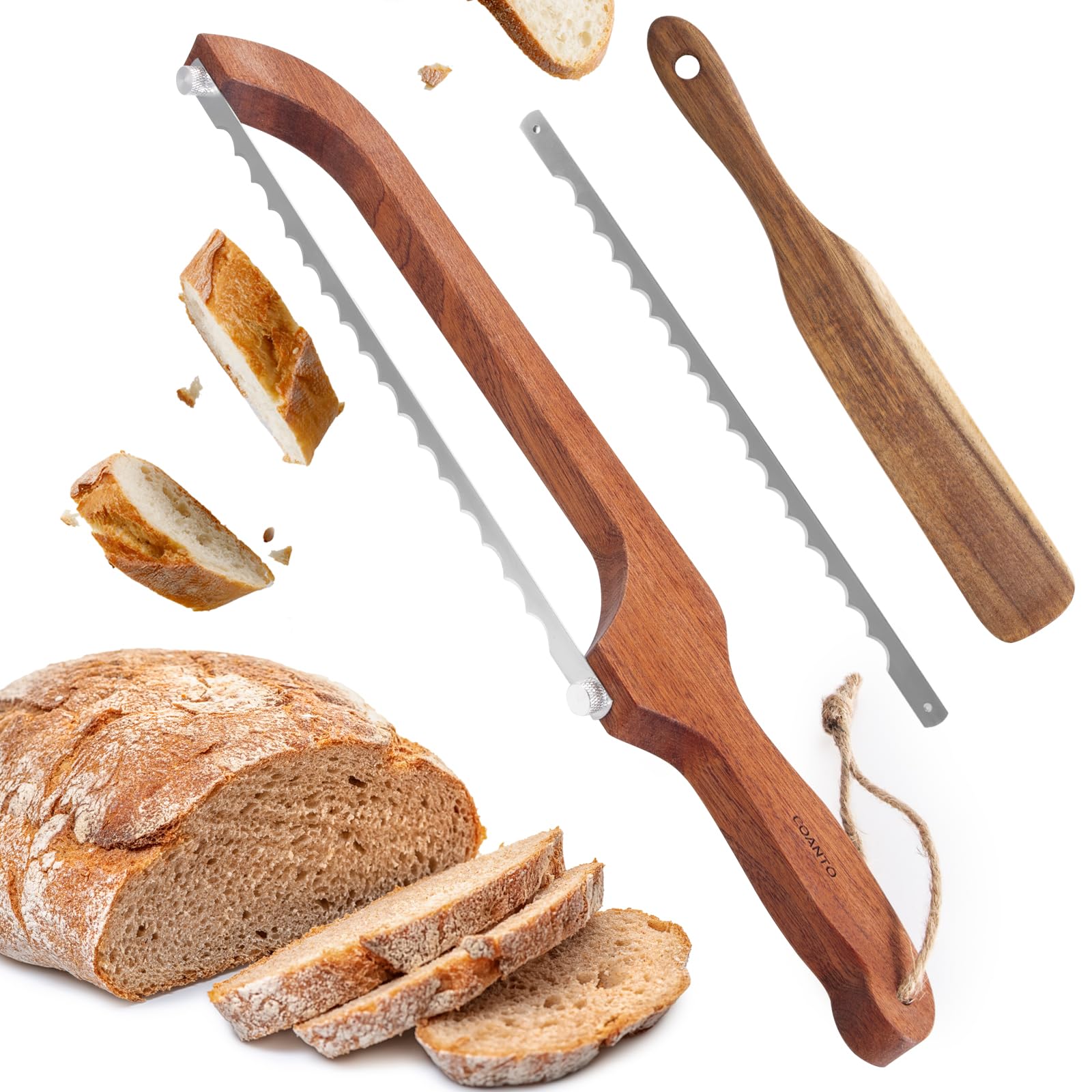 Coanto Bread Knife for Homemade Bread, Sourdough Bread Slicer with Ergonomic Wooden Handle & Sharp Serrated Blade, Includes Dough Mixing Spurtle Spatula for Baking Enthusiasts