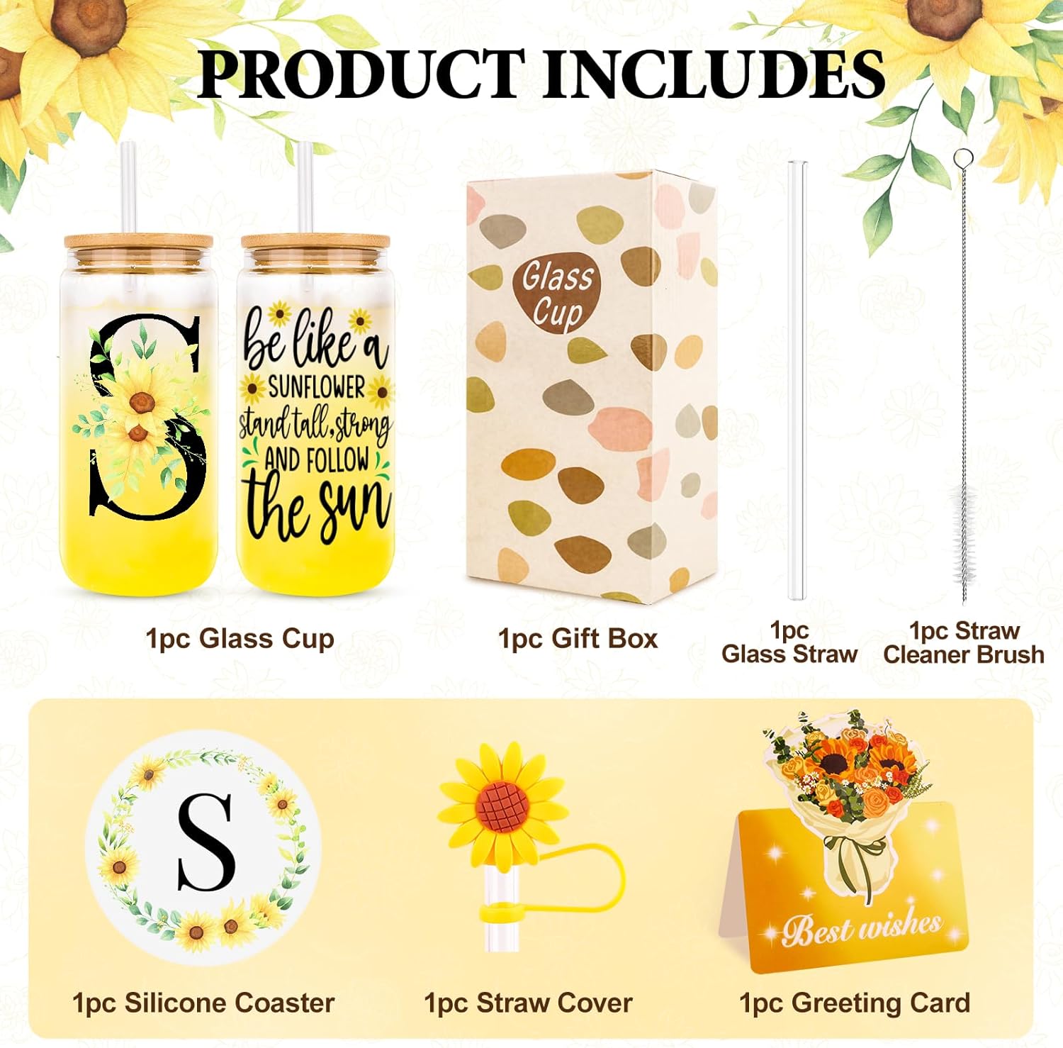 Initial Glass Cups with Lids and Straws, Personalized Sunflower Gifts for Women, Iced Coffee Cup Glass Tumbler, Birthday Thank You Get Well Sunshine Gifts for Sisters Mom Her Women (S) - Image 2